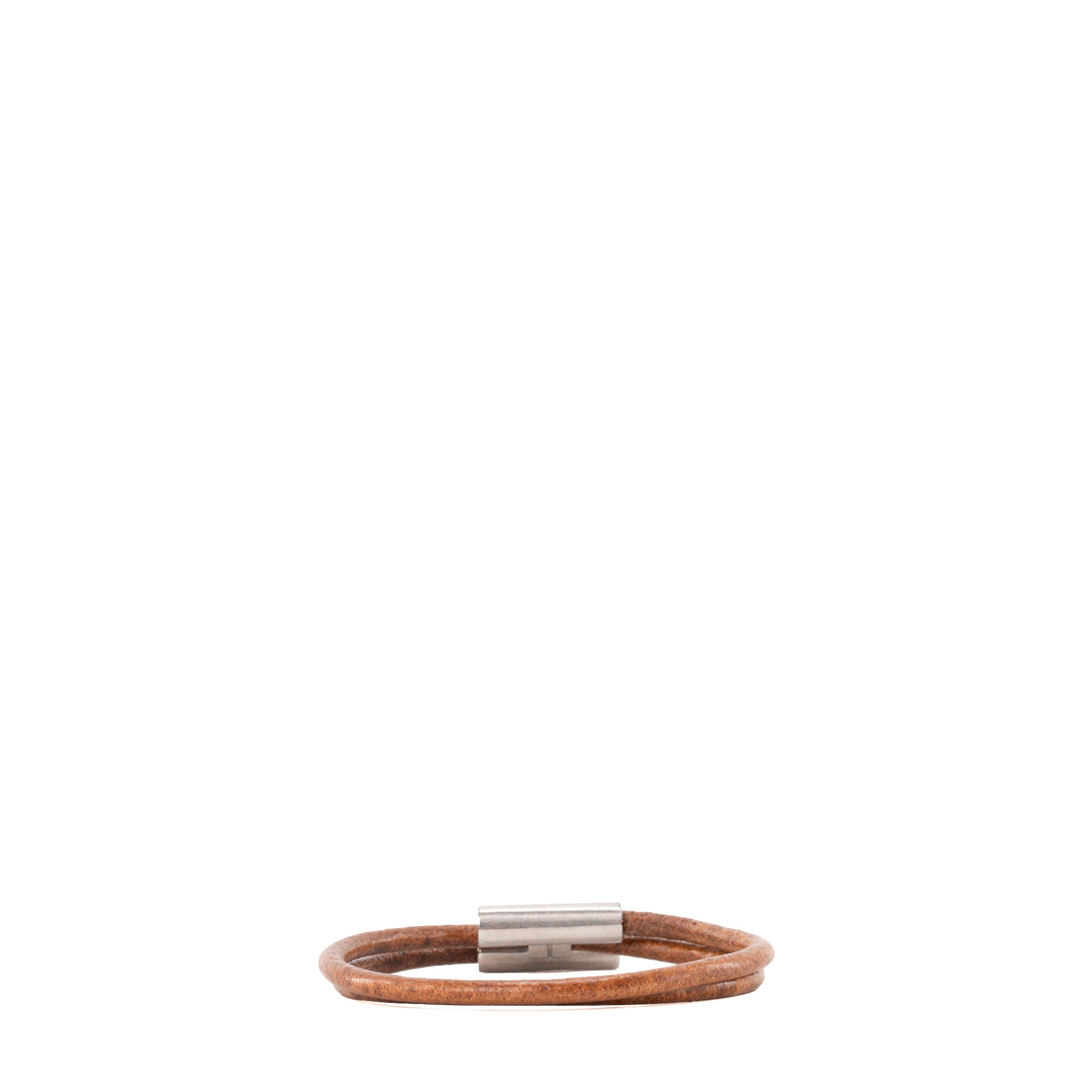 HERMÈS - Bracelet Tournis en cuir tressé marron et argent (S)