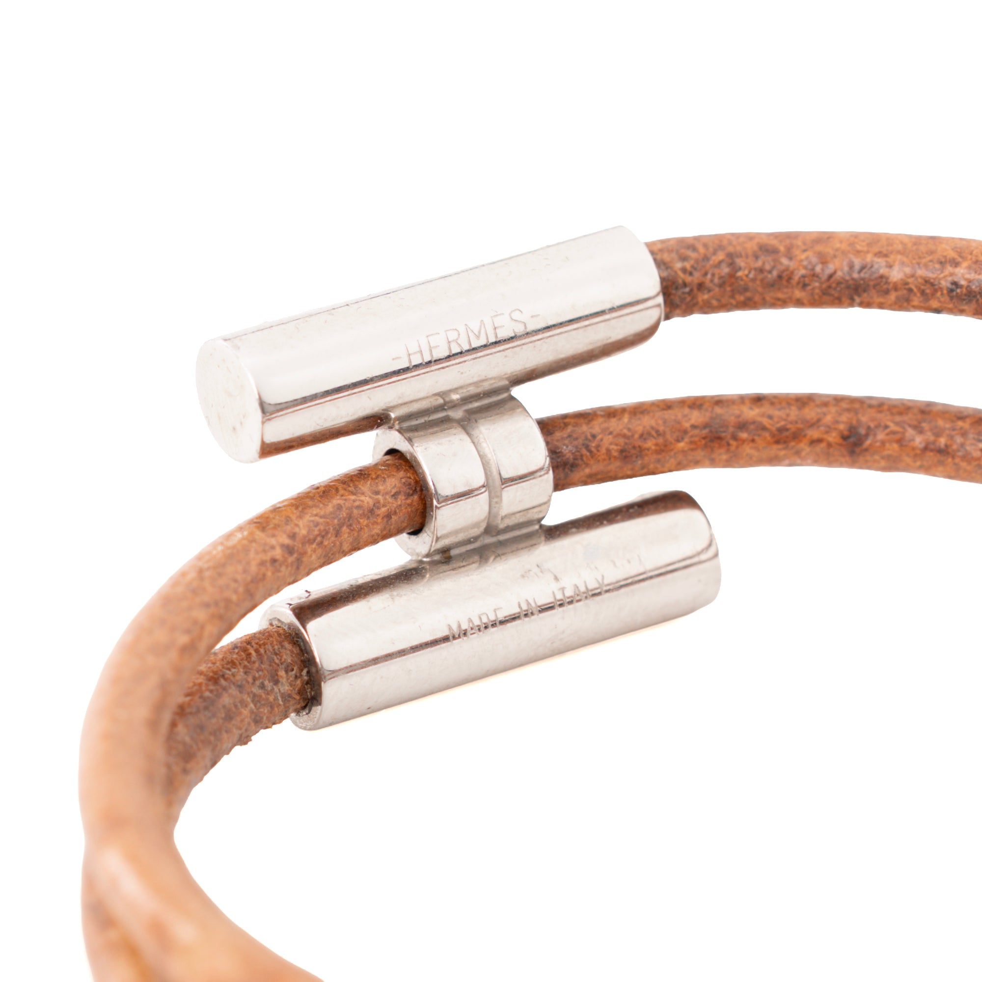 HERMÈS - Bracelet Tournis en cuir tressé marron et argent (S)