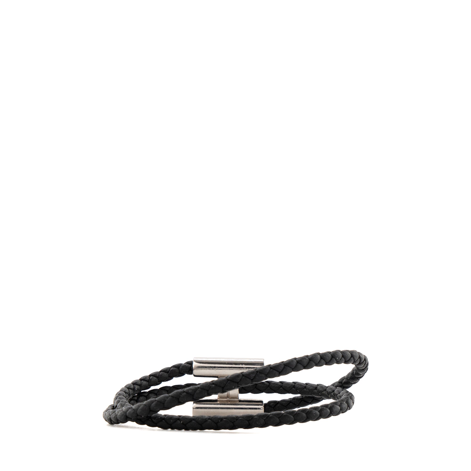 HERMÈS - Bracelet Tournis Tressé Hermès en cuir lisse noir et argent (T1)