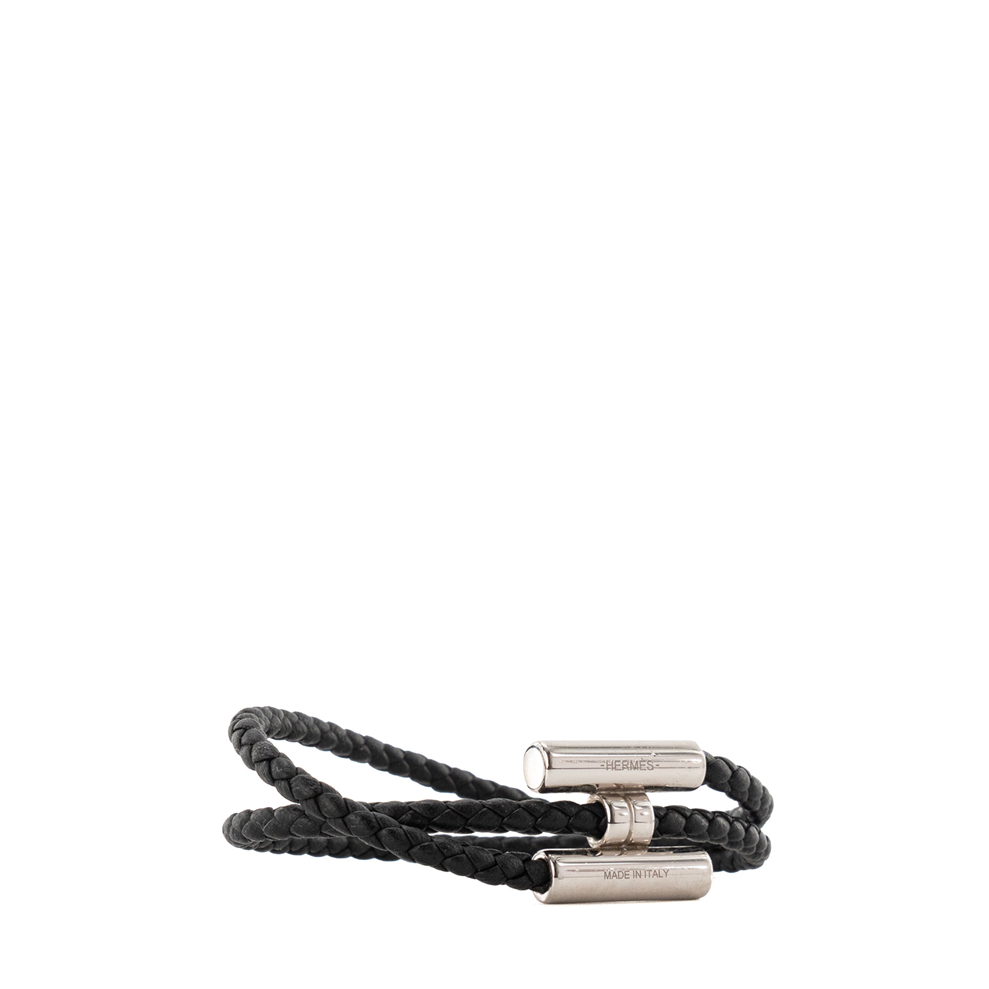 HERMÈS - Bracelet Tournis Tressé Hermès en cuir lisse noir et argent (T1)