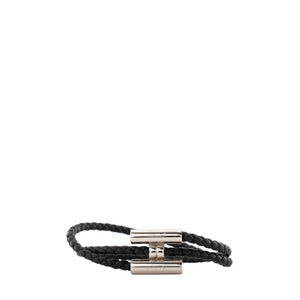 HERMÈS - Bracelet Tournis Tressé Hermès en cuir lisse noir et argent (T1)