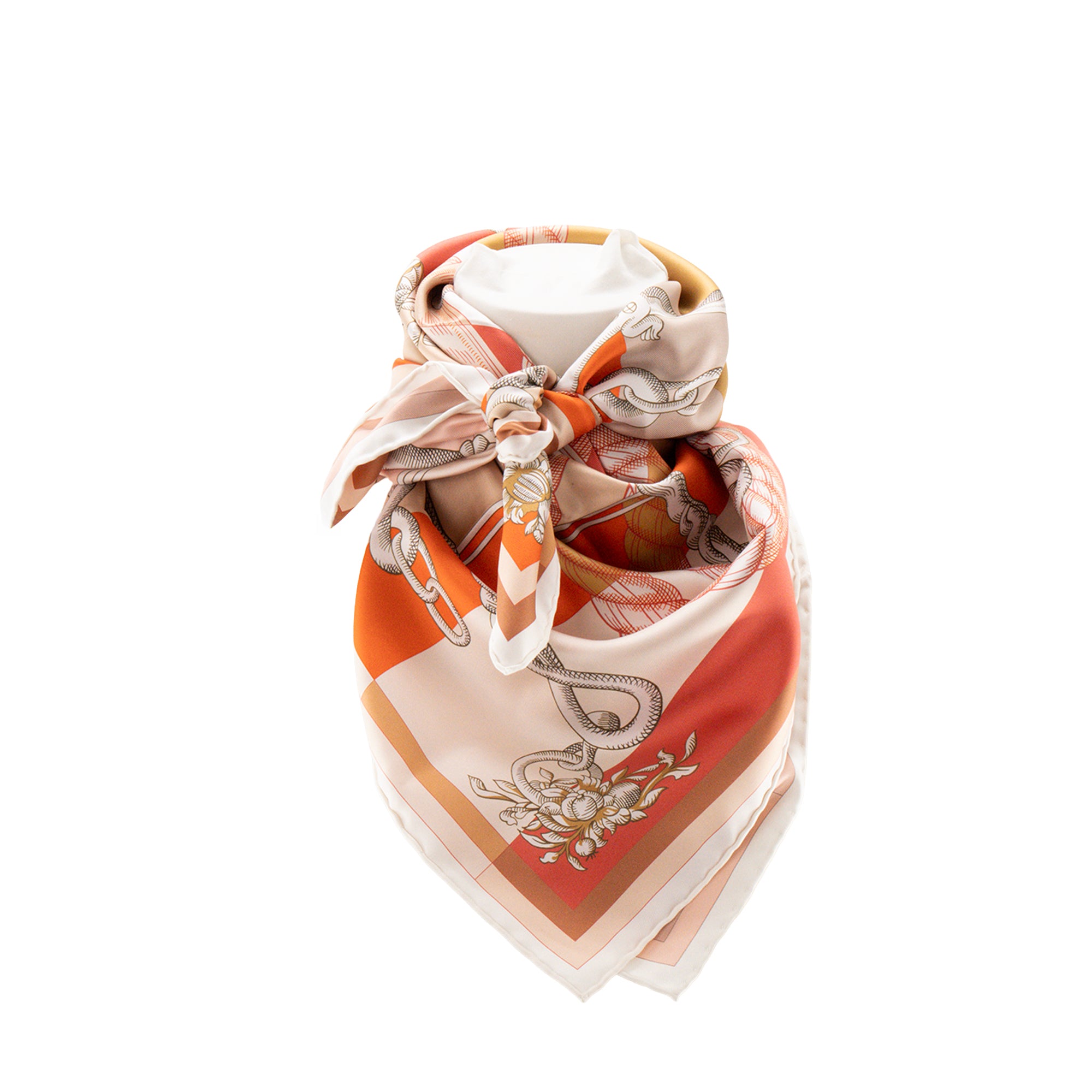 HERMÈS - Carré 90 Double Face Sella Cavalleria Hermès en soie rose et orange