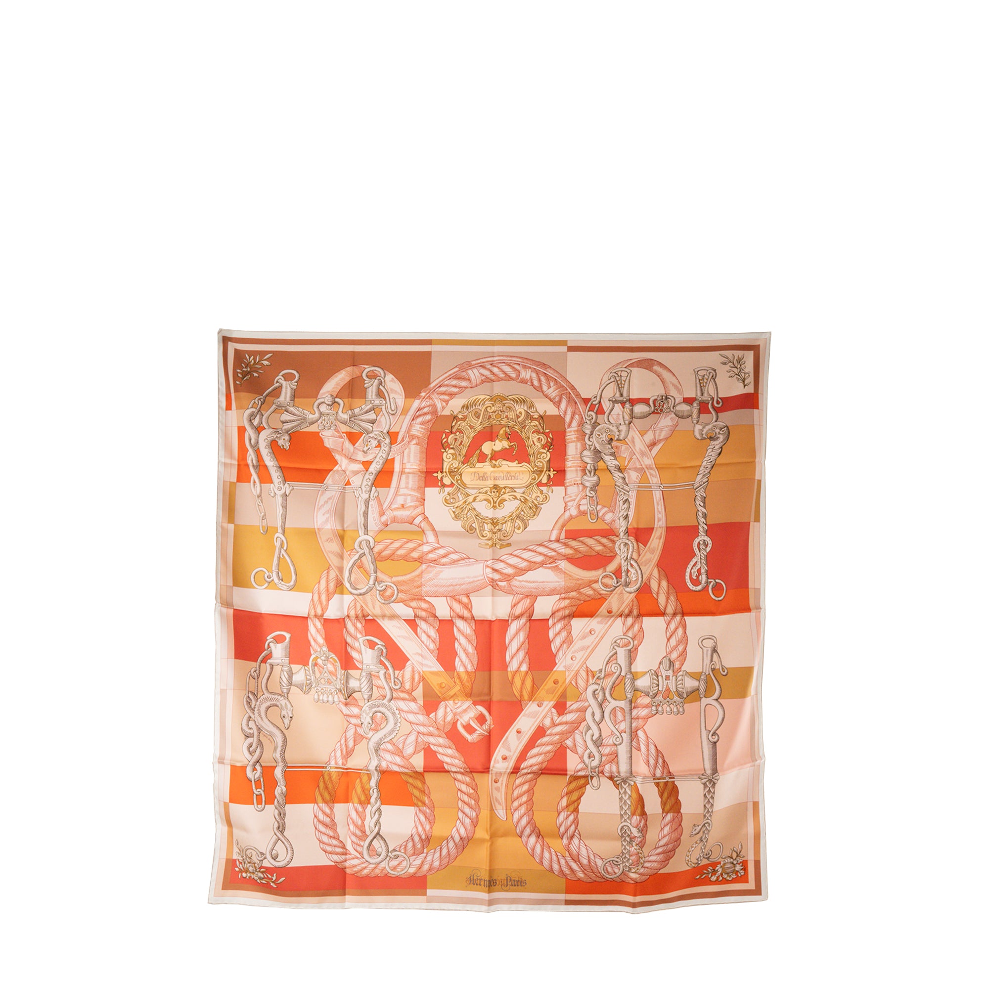 HERMÈS - Carré 90 Double Face Sella Cavalleria Hermès en soie rose et orange