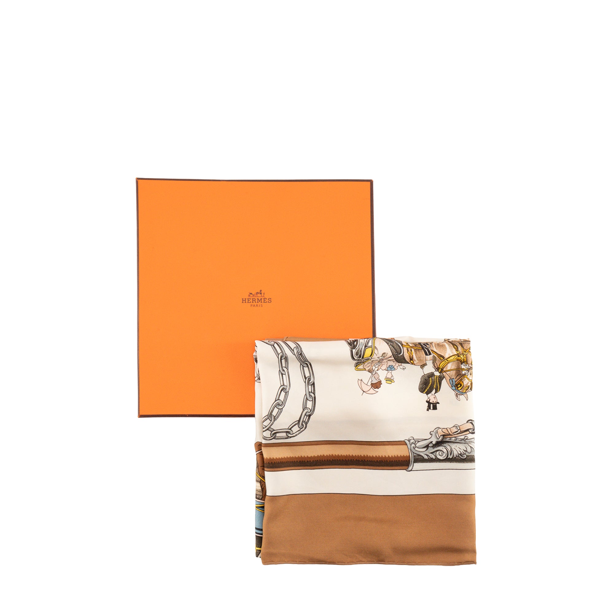 HERMÈS - Carré 90 Équipages Hermès en soie marron et beige