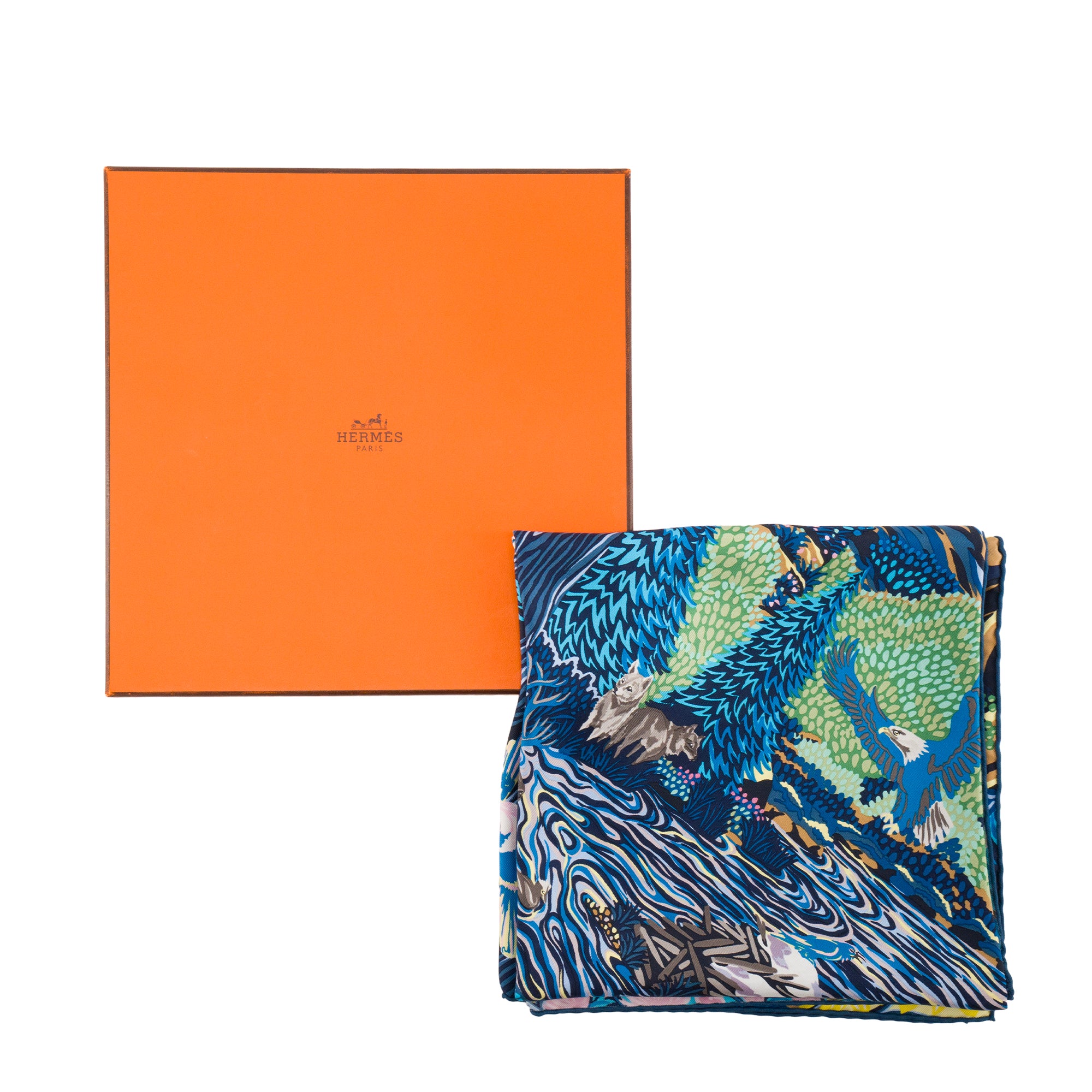 HERMÈS - Carré 90 Into The Canadian Wild Hermès en soie bleu marine
