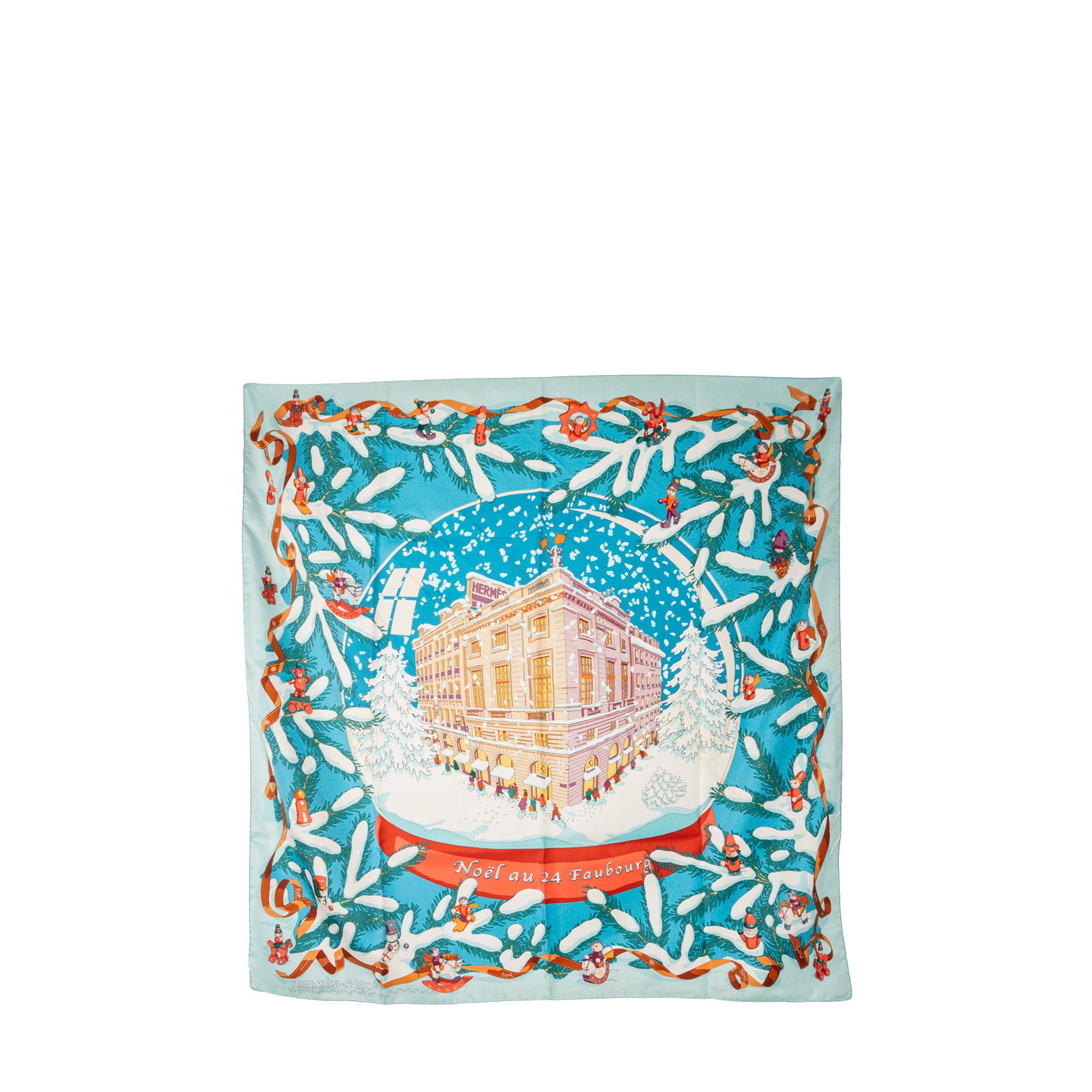HERMÈS - Carré de soie 90 Noël au 24 Faubourg Hermès en soie bleu et rouge