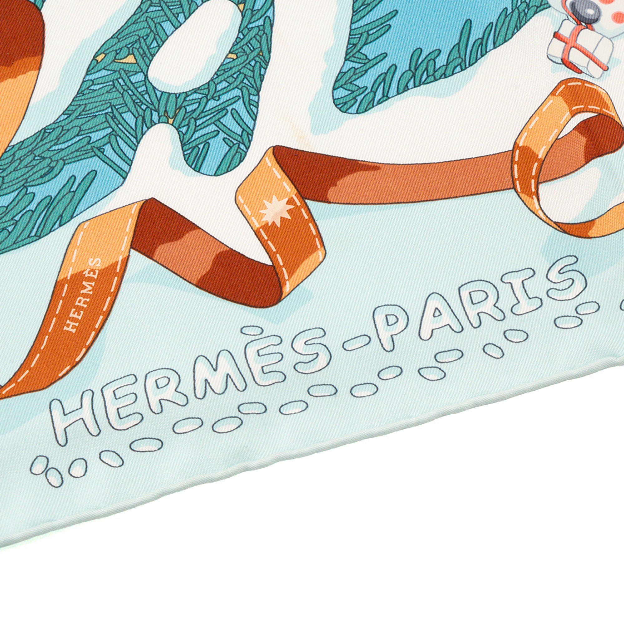 HERMÈS - Carré de soie 90 Noël au 24 Faubourg Hermès en soie bleu et rouge