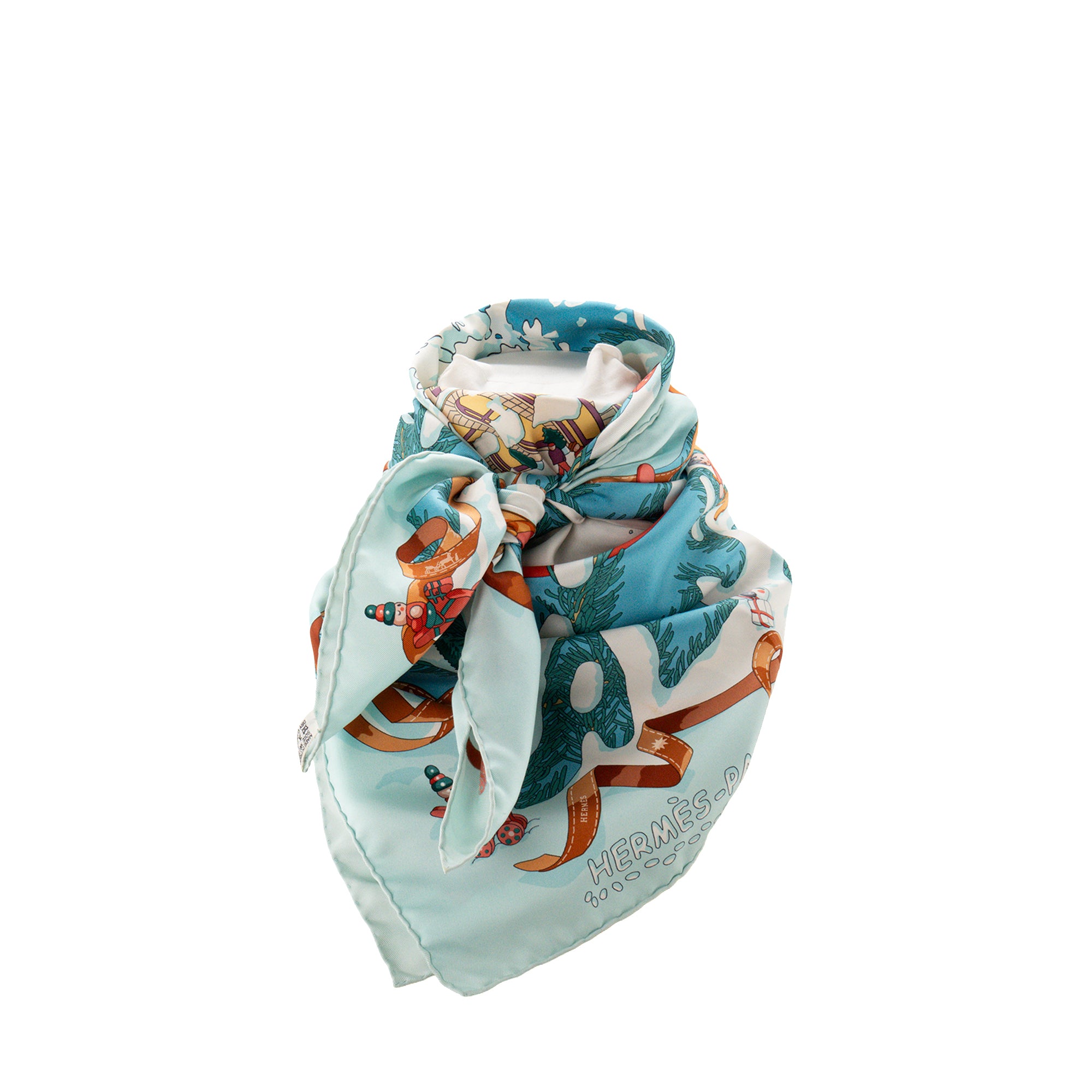 HERMÈS - Carré de soie 90 Noël au 24 Faubourg Hermès en soie bleu et rouge
