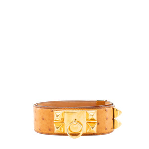 HERMÈS - Ceinture Collier de Chien Hermès en cuir exotique autruche marron (T75)