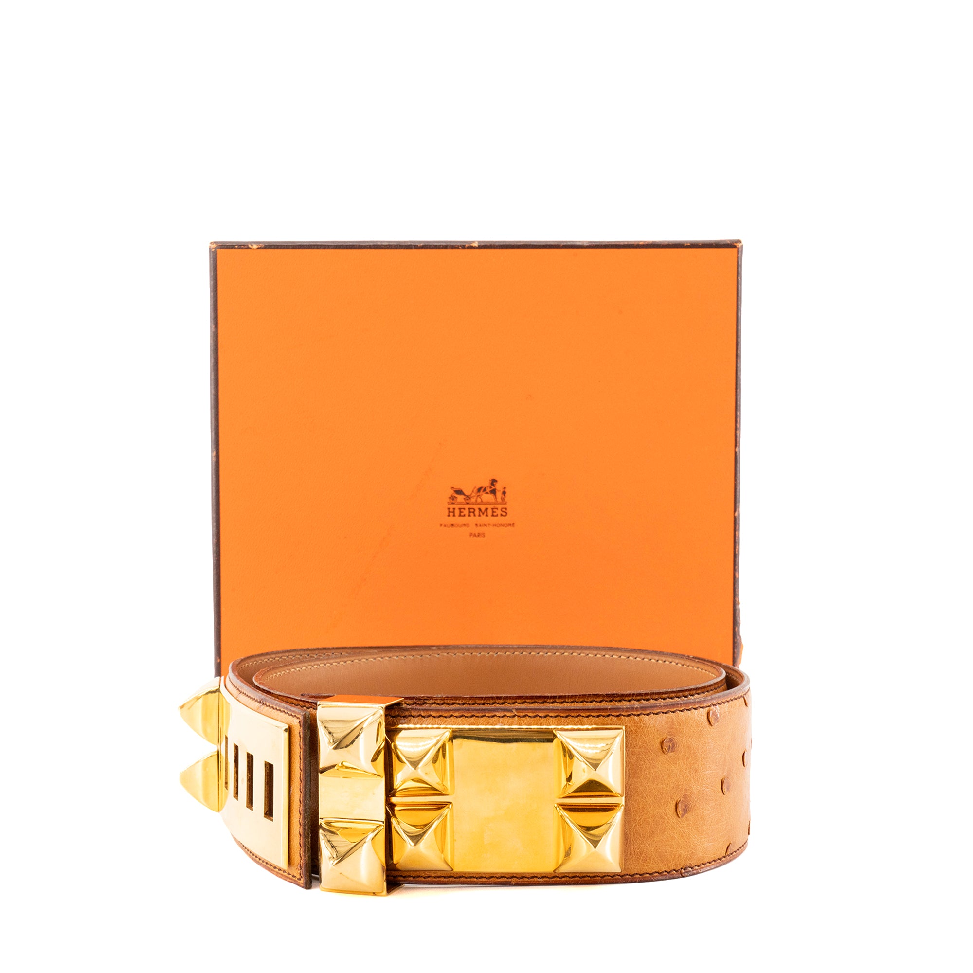 HERMÈS - Ceinture Collier de Chien Hermès en cuir exotique autruche marron (T75)