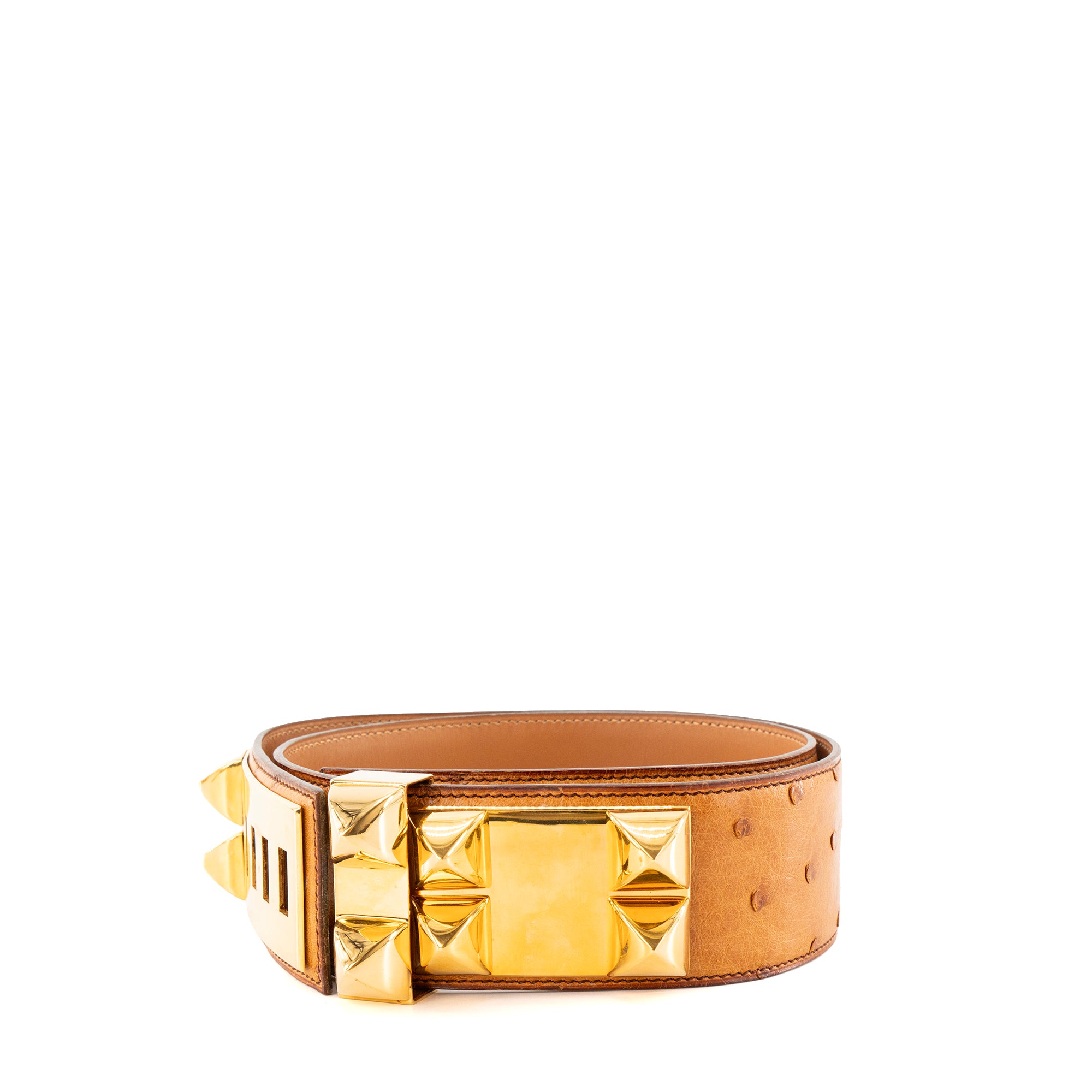 HERMÈS - Ceinture Collier de Chien Hermès en cuir exotique autruche marron (T75)