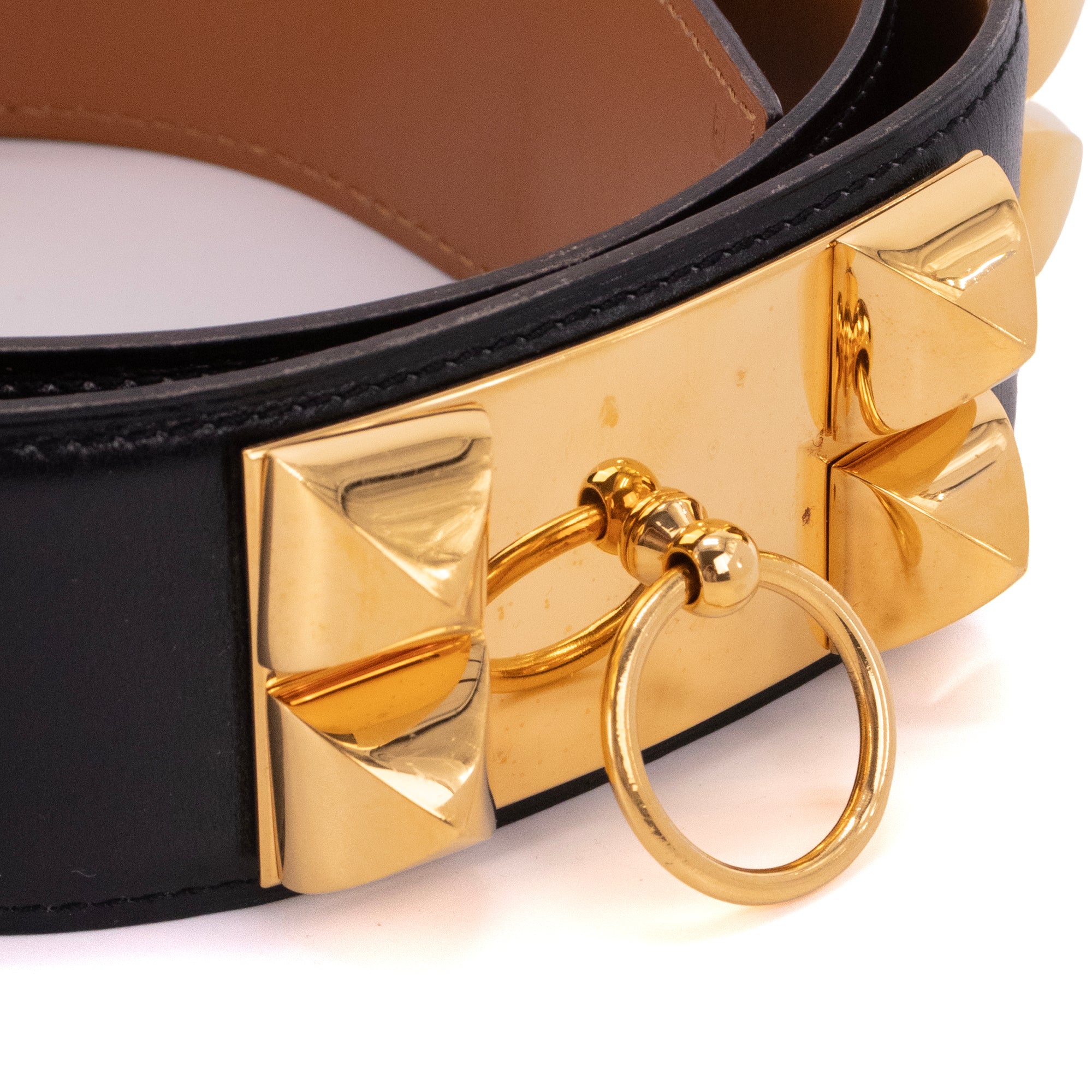 HERMÈS - Ceinture Collier de Chien Hermès en cuir lisse noir vintage (T90)