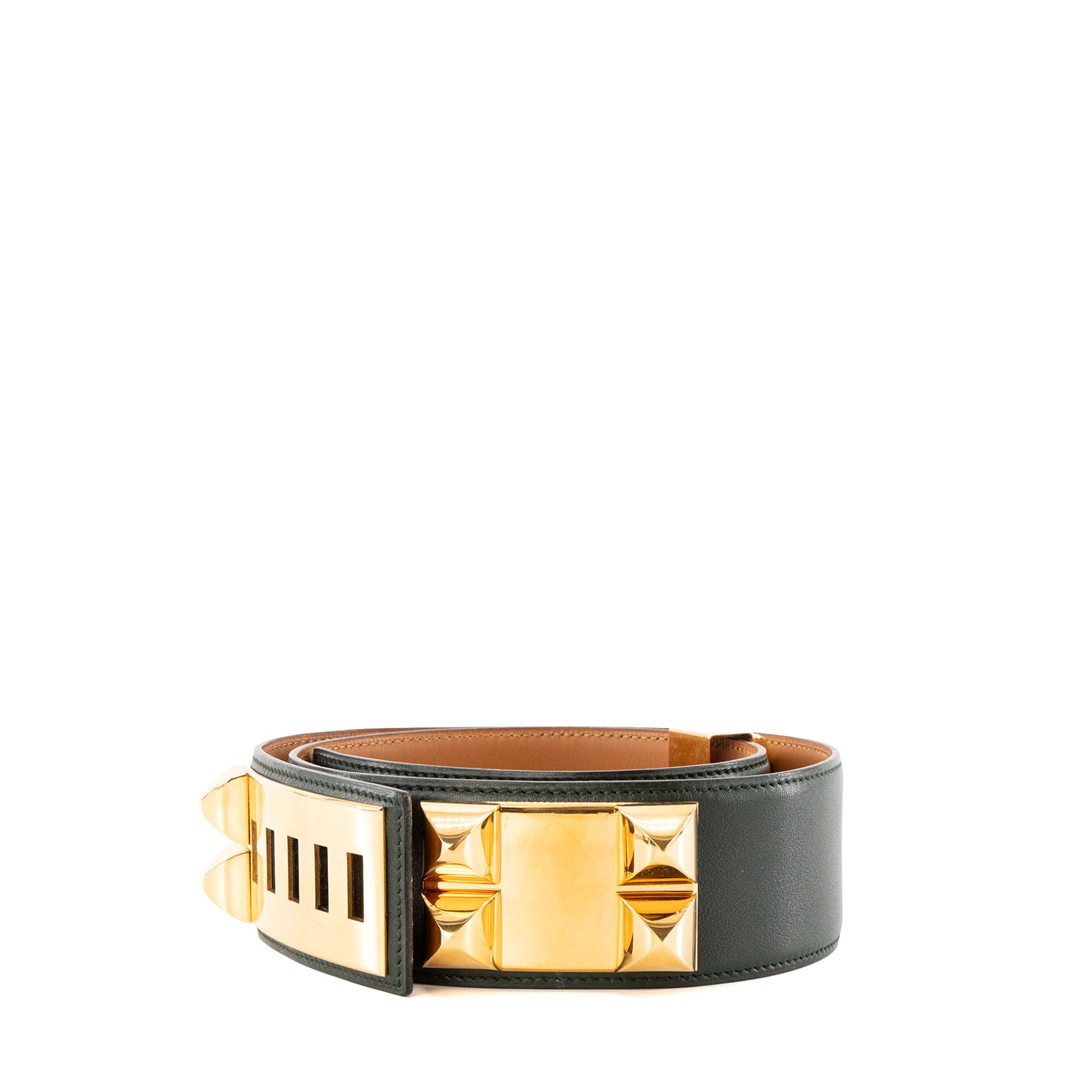 HERMÈS - Ceinture Collier de Chien Hermès en cuir lisse vert foncé (T72)
