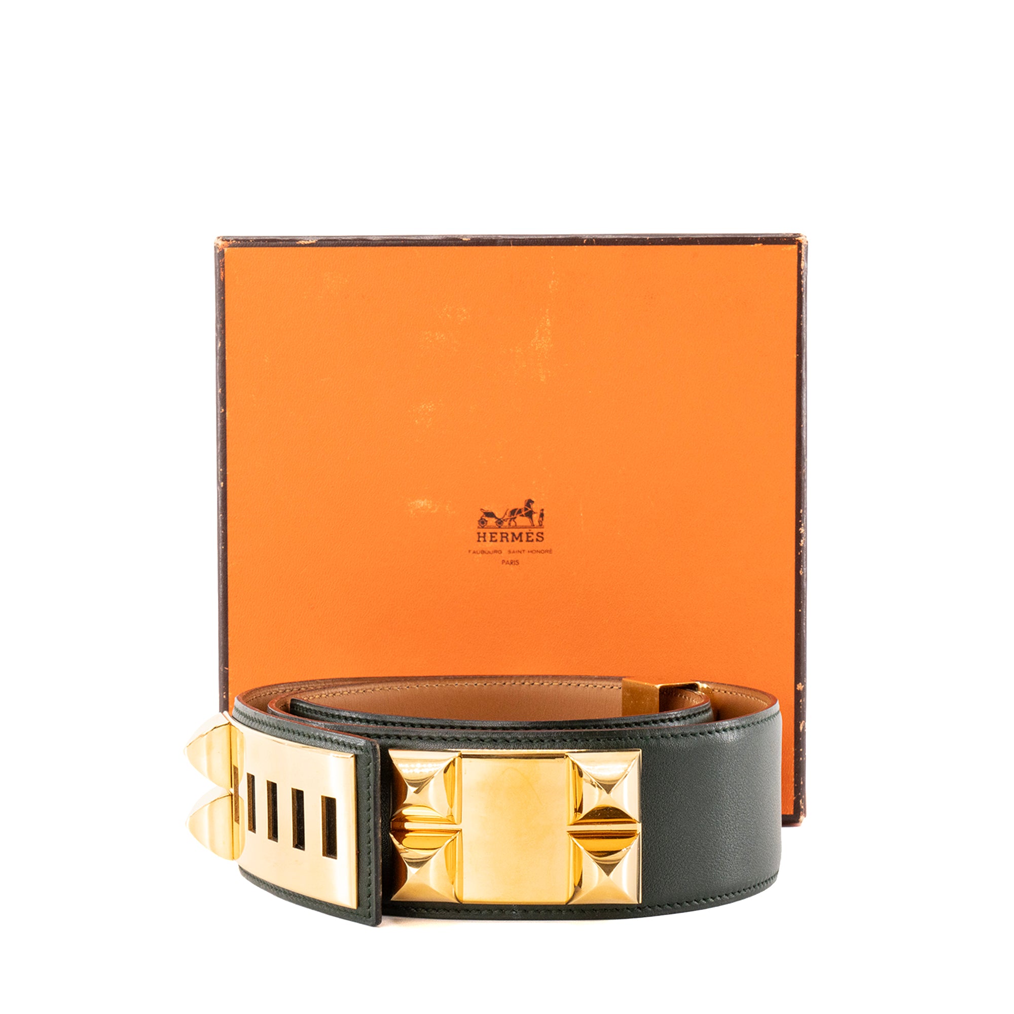 HERMÈS - Ceinture Collier de Chien Hermès en cuir lisse vert foncé (T72)