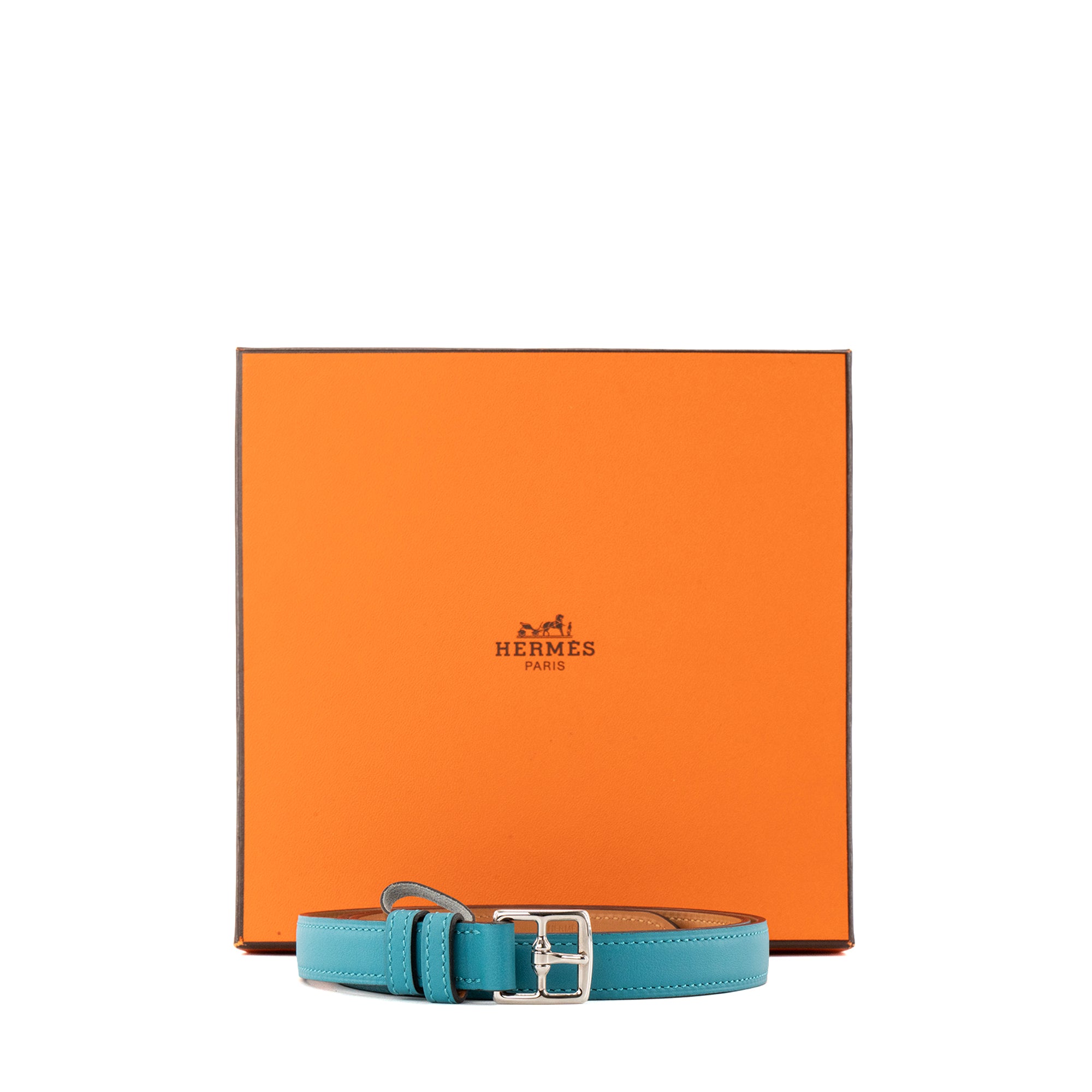 HERMÈS - Ceinture Etrivière 18 Hermès en cuir grainé bleu (T85)
