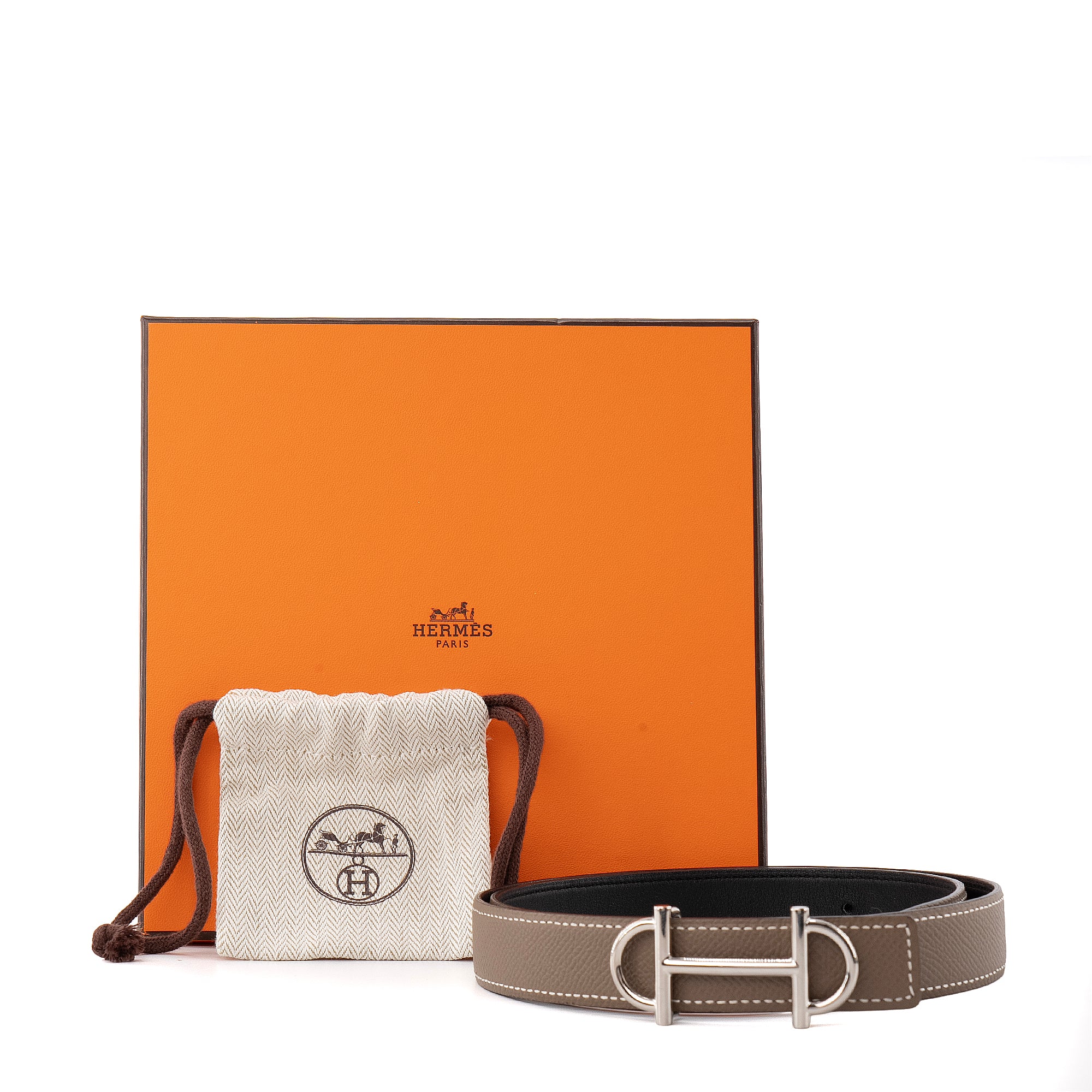 HERMÈS - Ceinture Gamma réversible Hermès en cuir epsom étoupe et noir (T75)