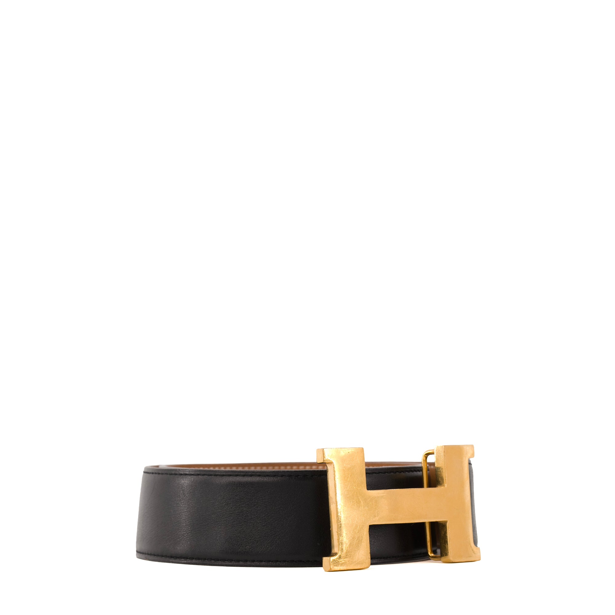 HERMÈS - Ceinture H Hermès en cuir noir (T80)