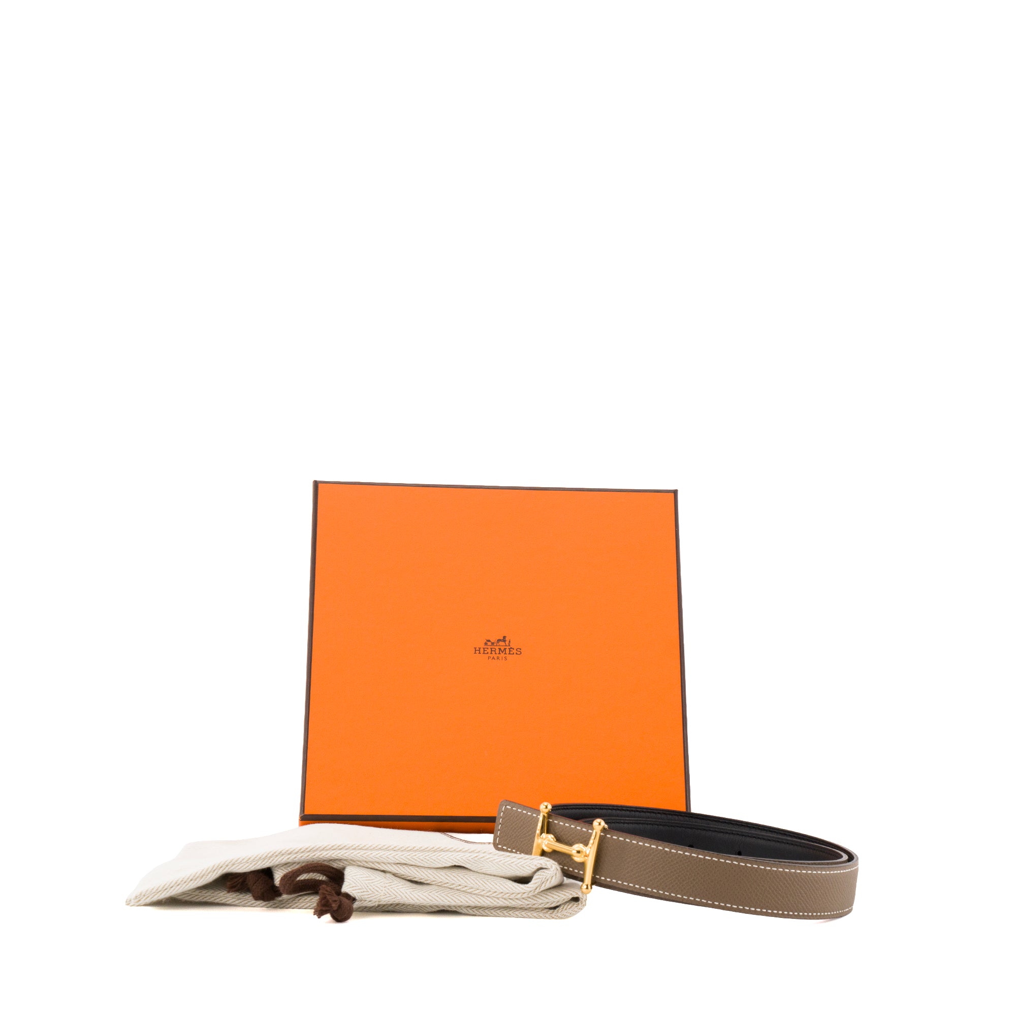 HERMÈS - Ceinture H Hermès en cuir réversible étoupe et noir (T75)