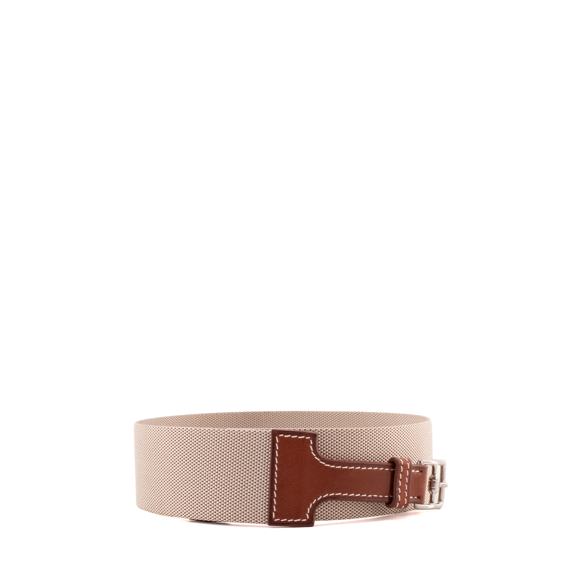 HERMÈS - Ceinture Khan Hermès en toile et cuir barénia vintage (T85)