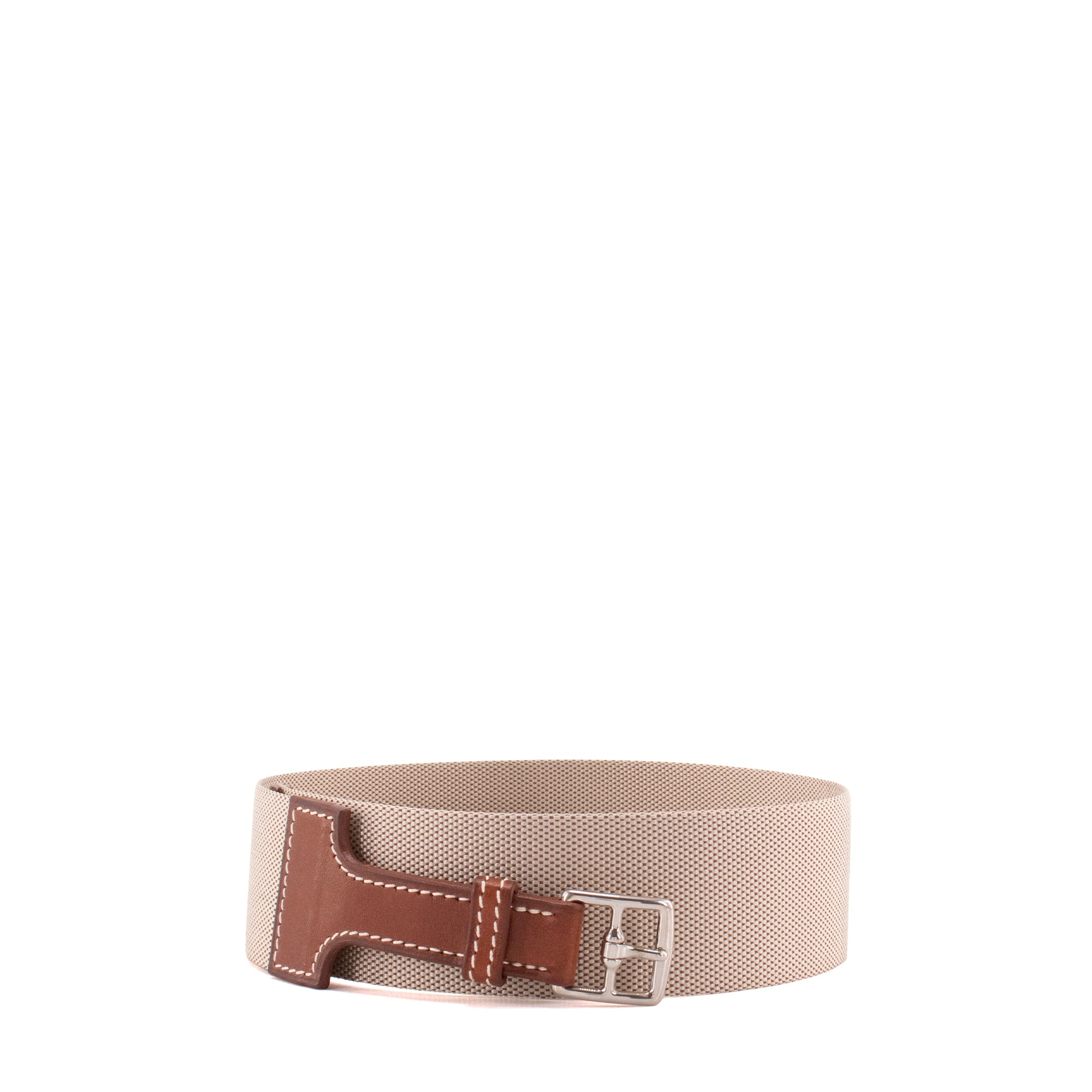 HERMÈS - Ceinture Khan Hermès en toile et cuir barénia vintage (T85)
