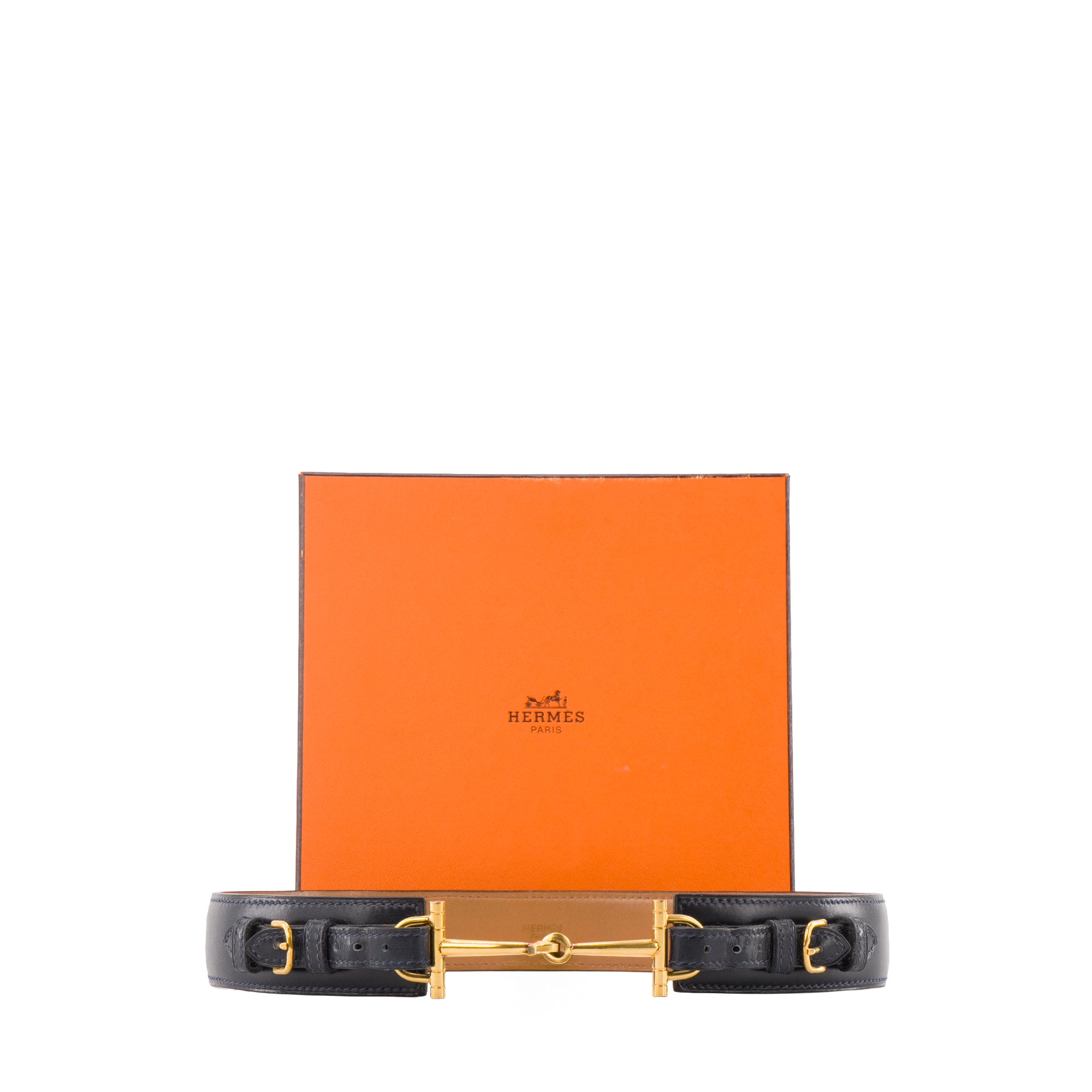 HERMÈS - Ceinture Marine Étriers Hermès en cuir bleu marine (T70)