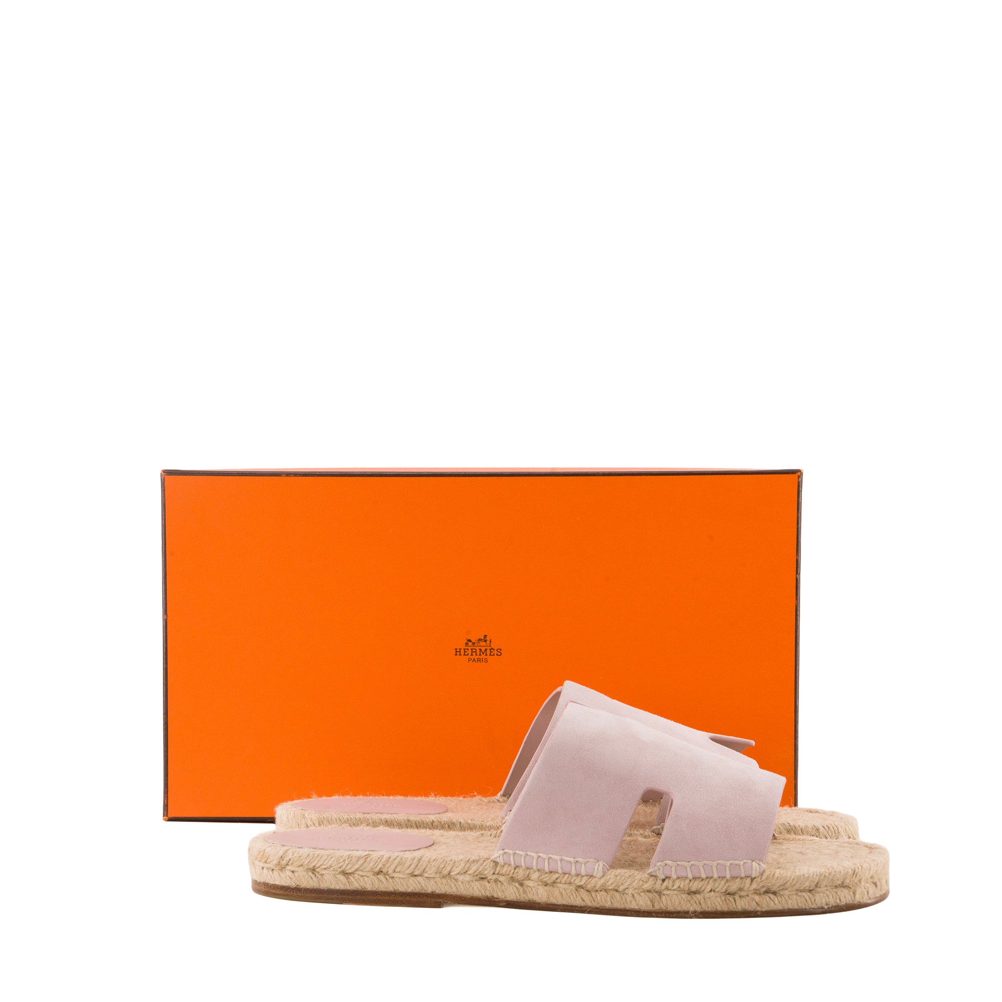 HERMÈS - Espadrilles Antigua Hermès en daim rose et raphia (T43)