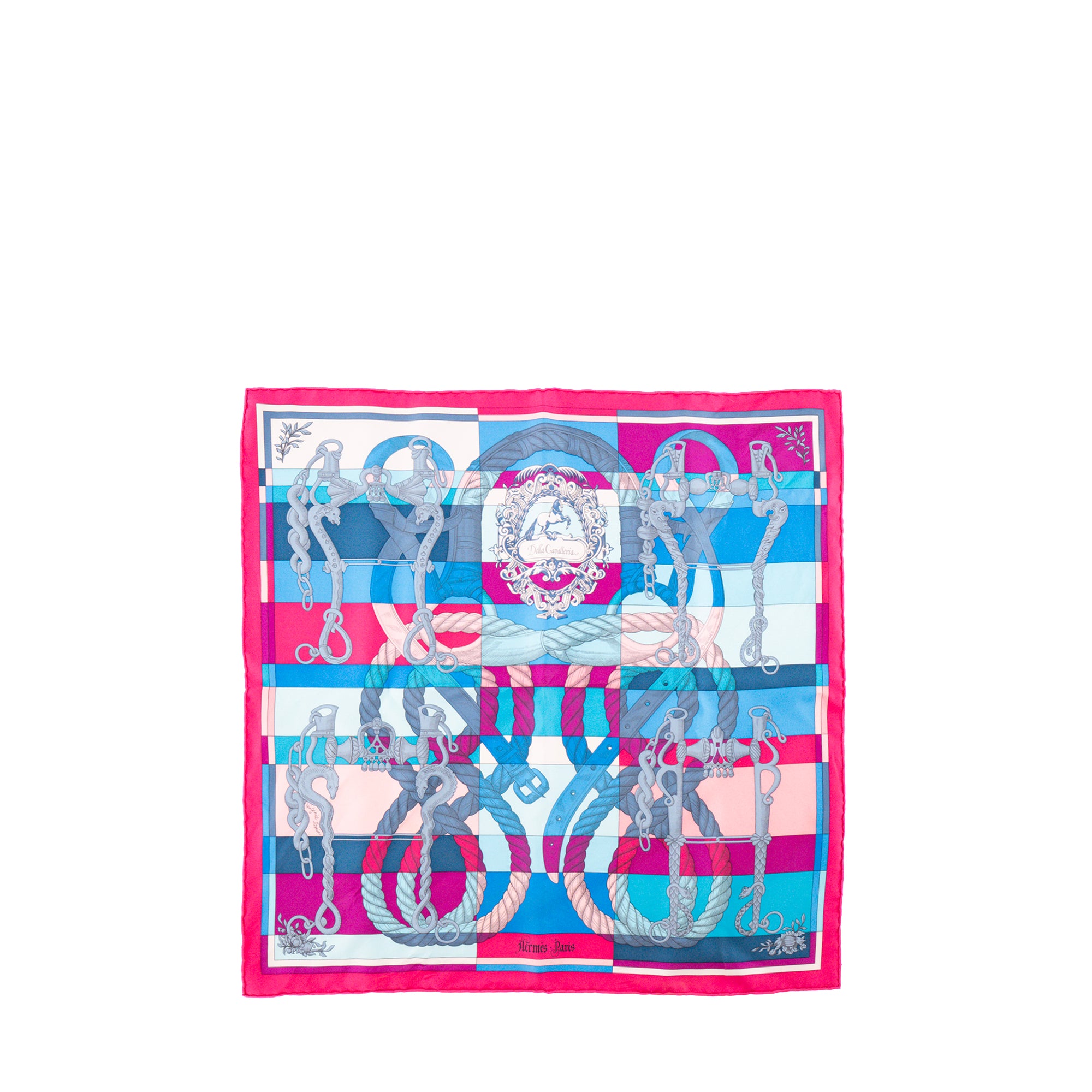 HERMÈS - Gavroche 45 Belle Cavalerie Hermès en soie rose et bleu