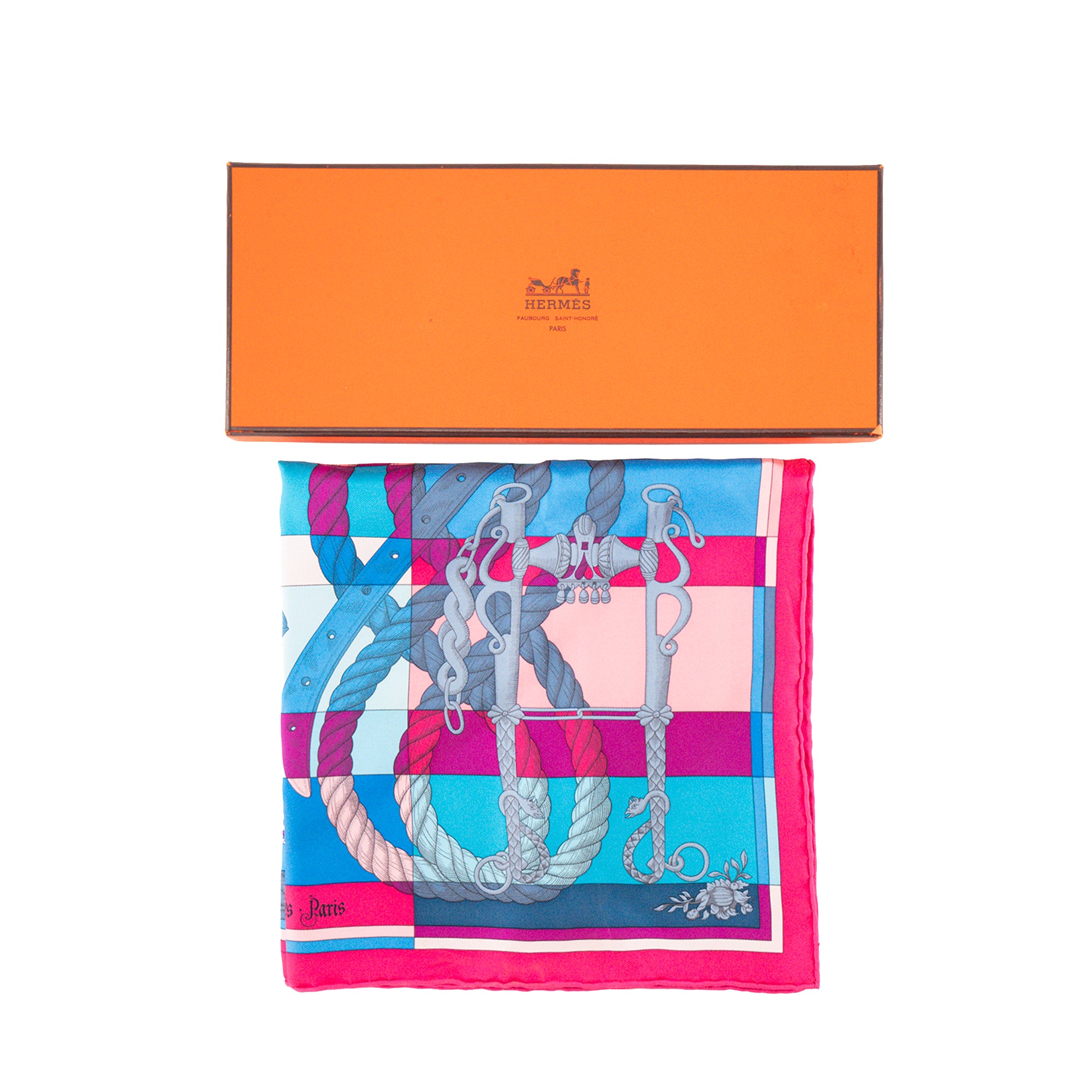 HERMÈS - Gavroche 45 Belle Cavalerie Hermès en soie rose et bleu
