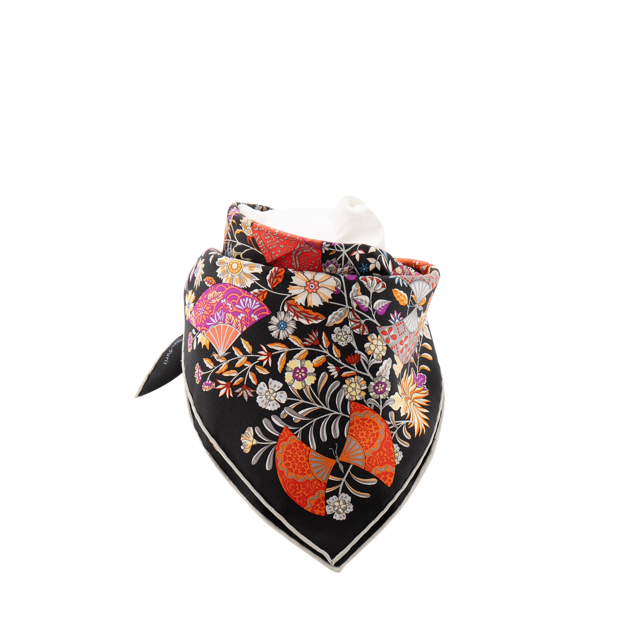 HERMÈS - Gavroche 45 Fleurs et Papillons Hermès en soie noire