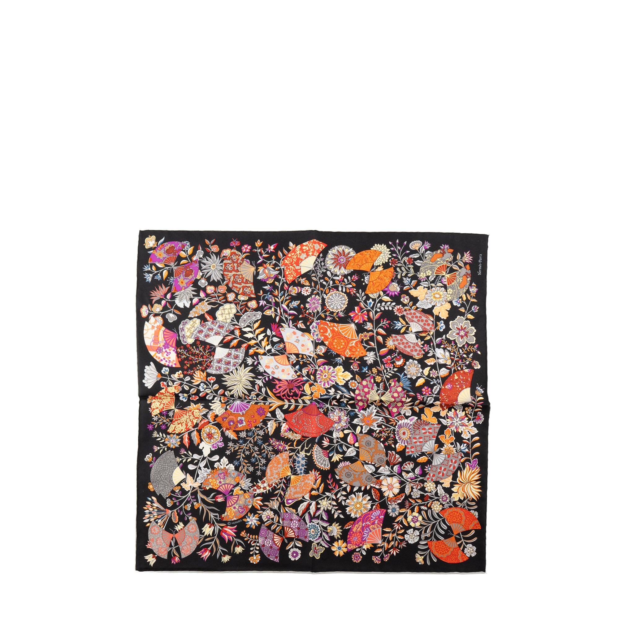 HERMÈS - Gavroche 45 Fleurs et Papillons Hermès en soie noire