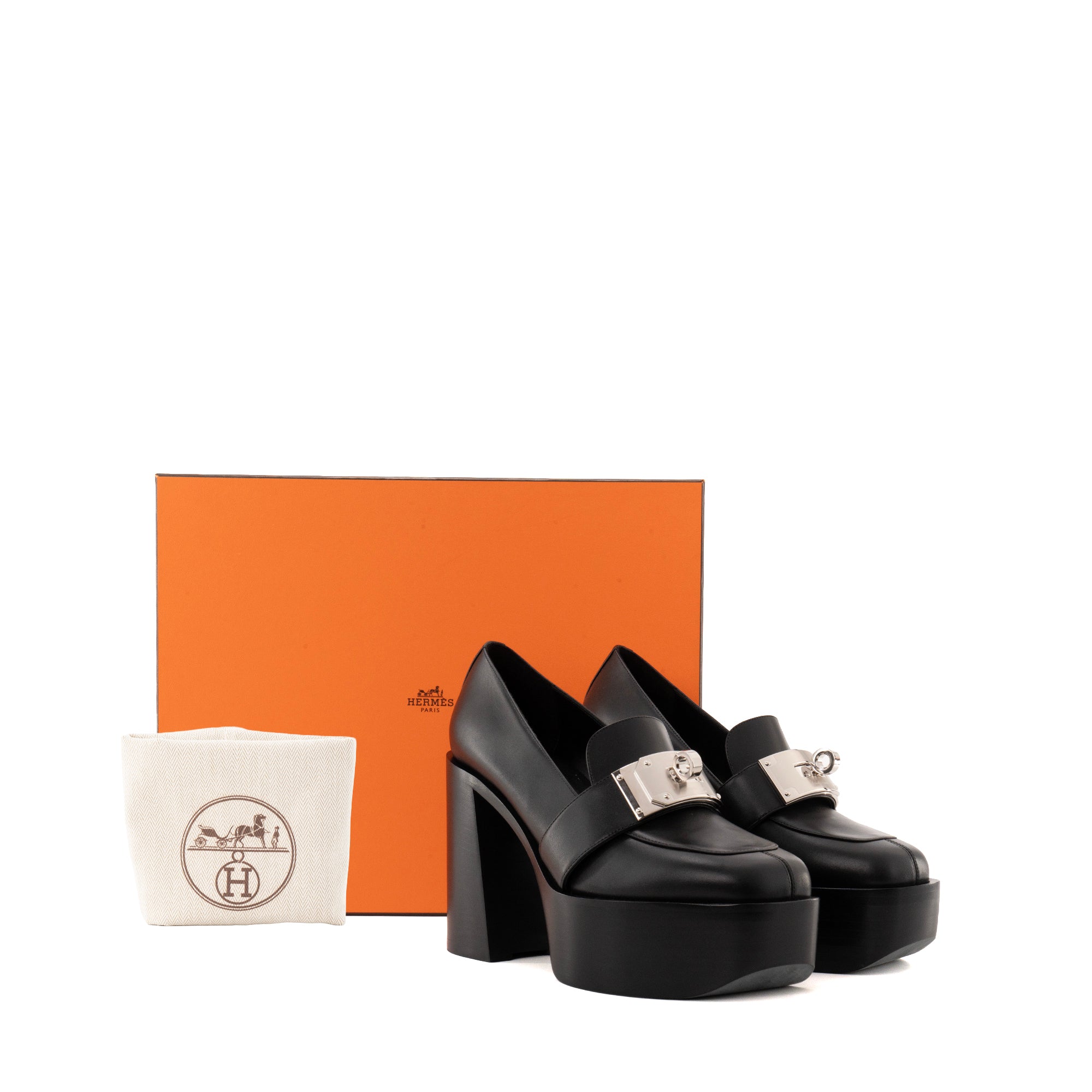 HERMÈS - Mocassins à talons Kelly Hermès en cuir lisse noir (T39)