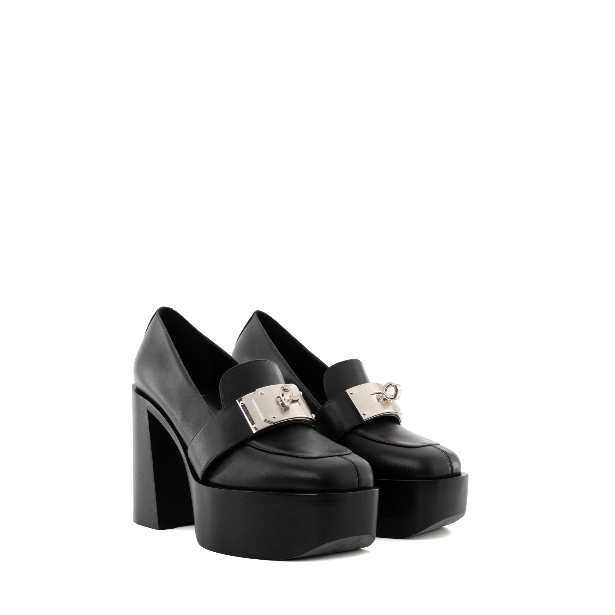 HERMÈS - Mocassins à talons Kelly Hermès en cuir lisse noir (T39)