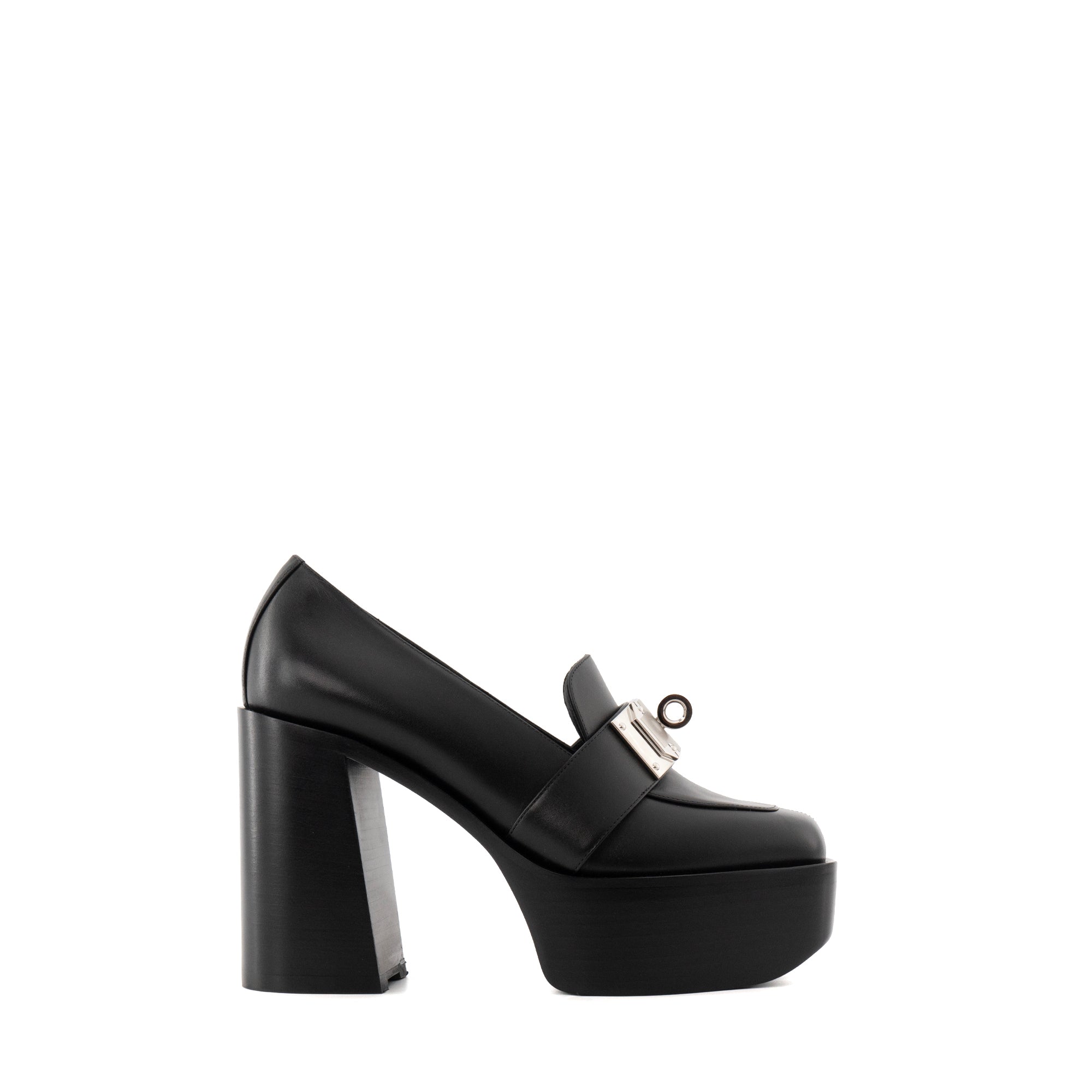 HERMÈS - Mocassins à talons Kelly Hermès en cuir lisse noir (T39)