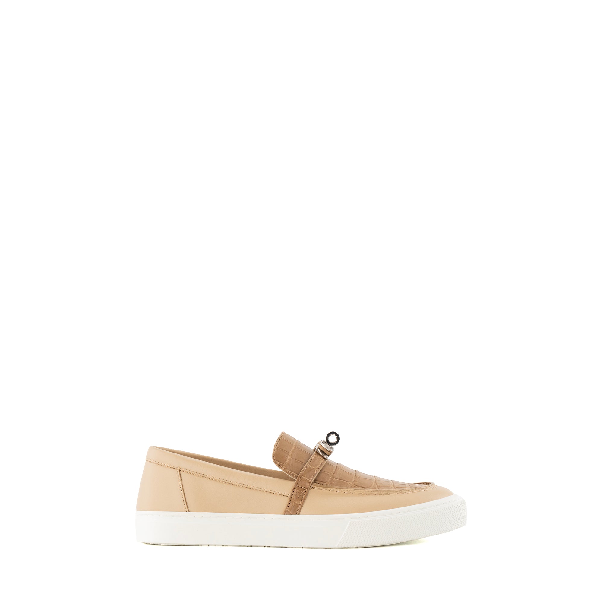 HERMÈS - Mocassins Kelly Hermès en cuir lisse beige et cuir exotique alligator (T38)