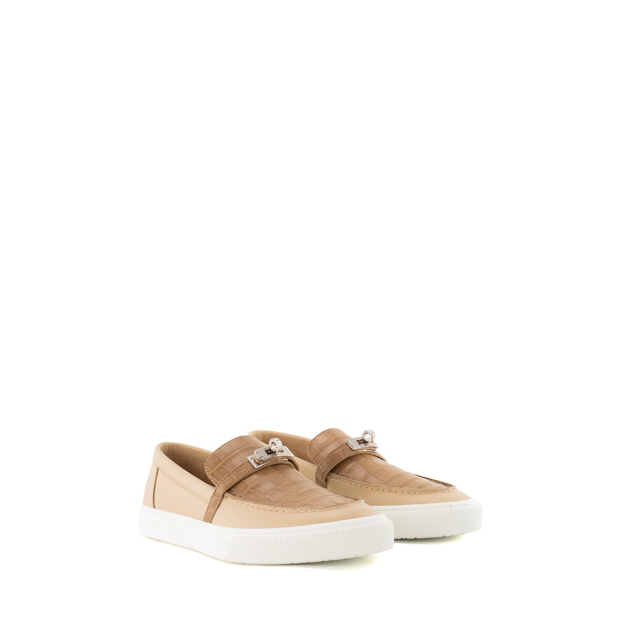 HERMÈS - Mocassins Kelly Hermès en cuir lisse beige et cuir exotique alligator (T38)