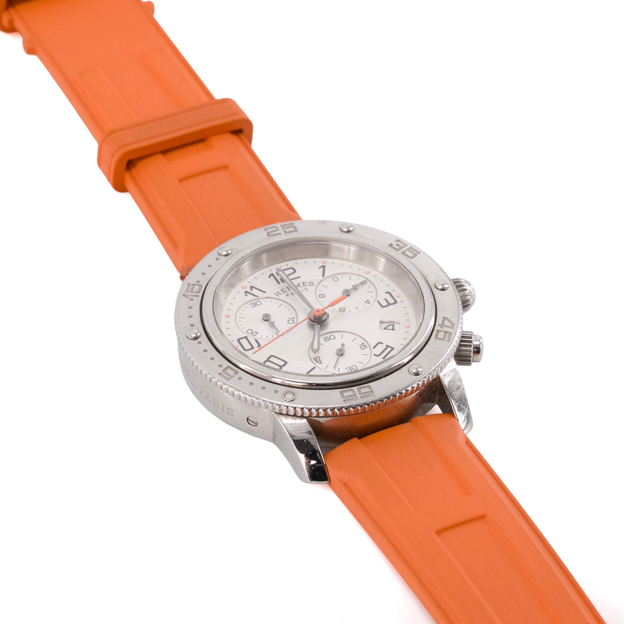 HERMÈS - Montre Clipper Chrono Hermès en acier et caoutchouc orange