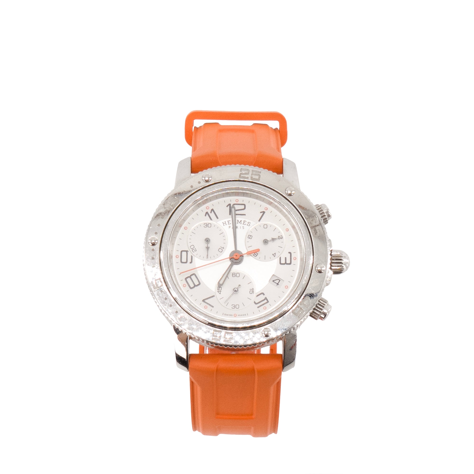 HERMÈS - Montre Clipper Chrono Hermès en acier et caoutchouc orange