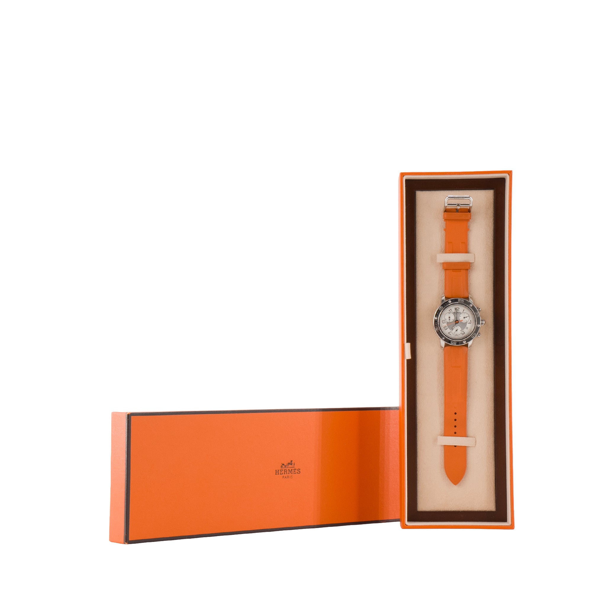 HERMÈS - Montre Clipper Chrono Hermès en acier et caoutchouc orange