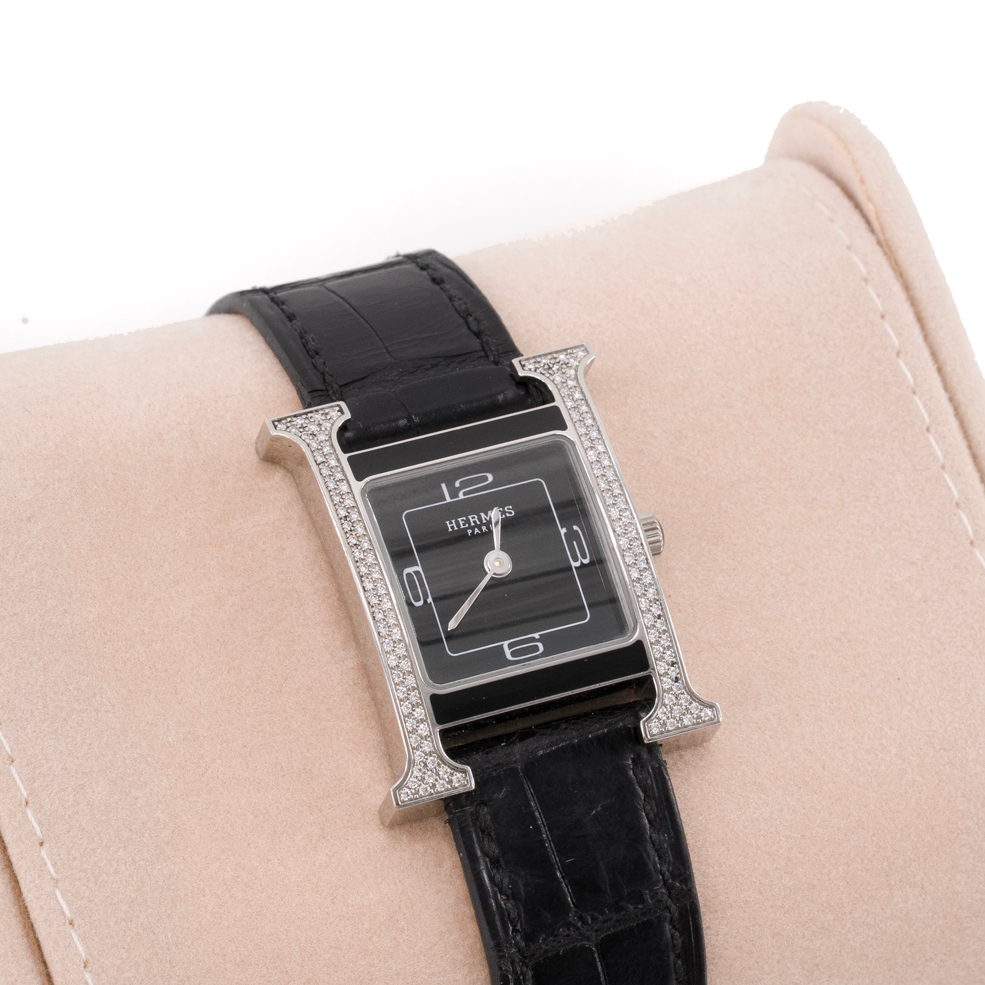 HERMÈS - Montre Heure H Double Jeu 25mm Hermès en cuir exotique croco noir et diamants