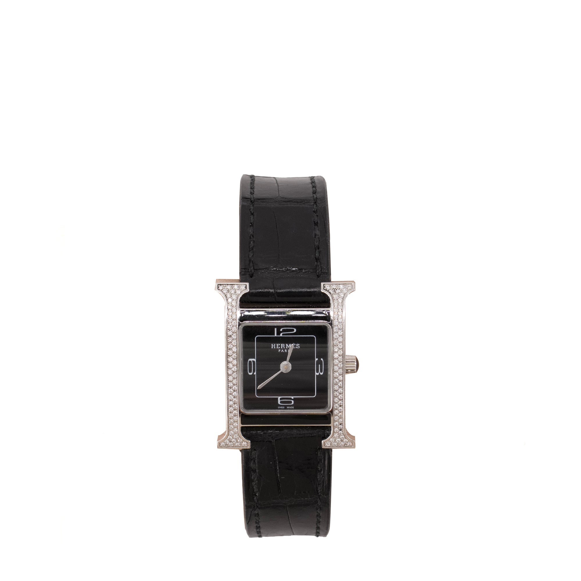 HERMÈS - Montre Heure H Double Jeu 25mm Hermès en cuir exotique croco noir et diamants