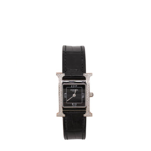 HERMÈS - Montre Heure H Double Jeu 25mm Hermès en cuir exotique croco noir et diamants