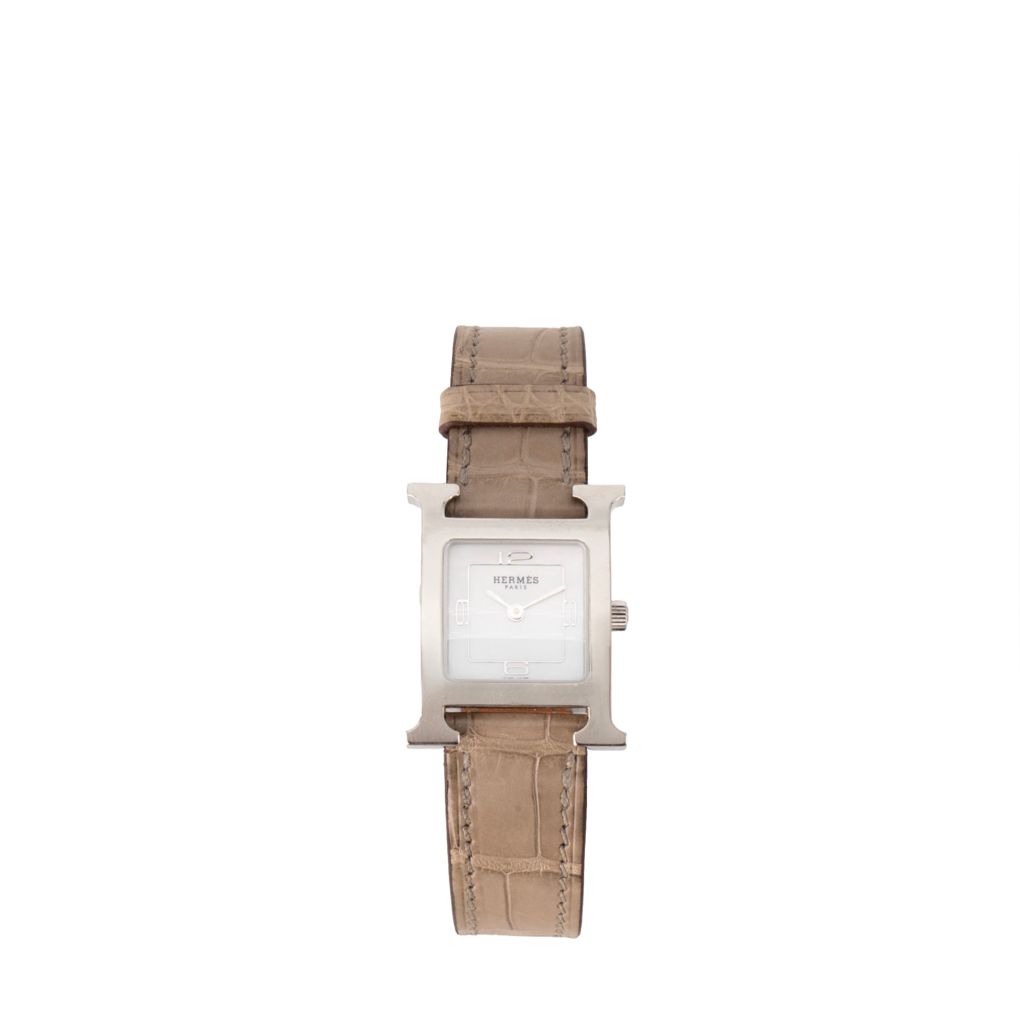 HERMÈS - Montre Heure H PM Hermès en cuir d'alligator taupe et métal argenté