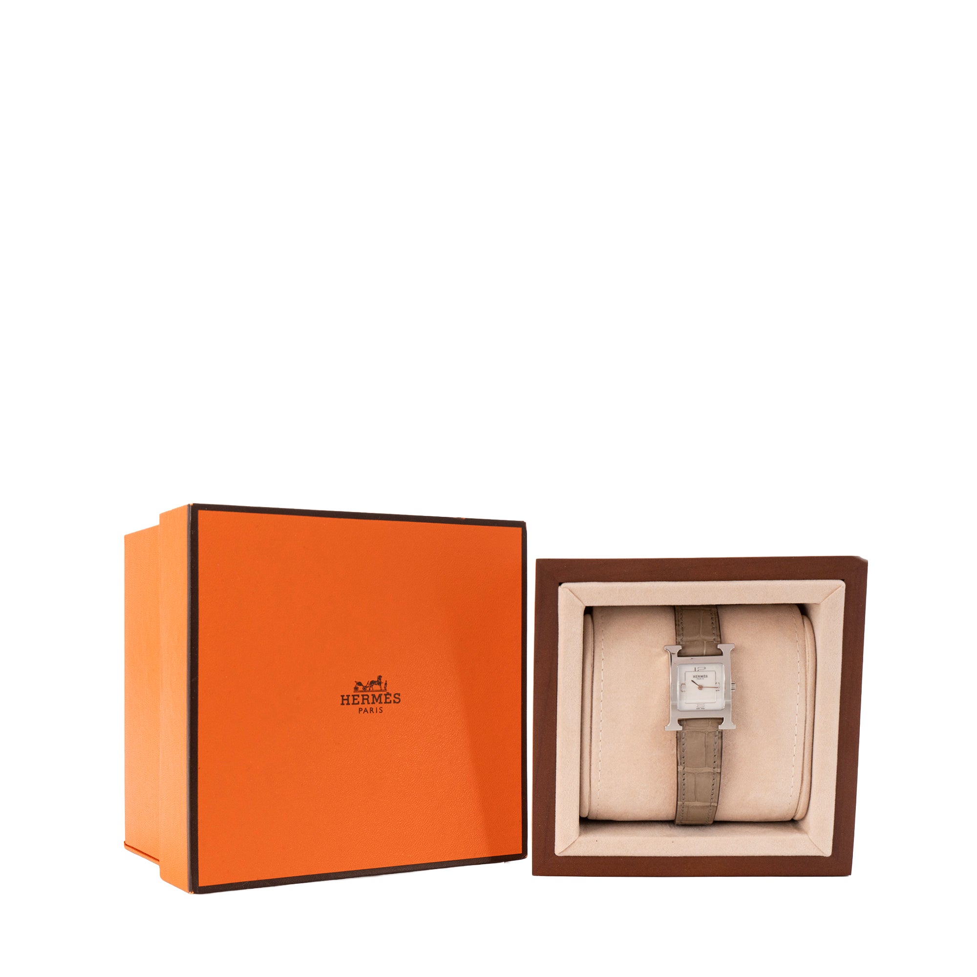 HERMÈS - Montre Heure H PM Hermès en cuir d'alligator taupe et métal argenté