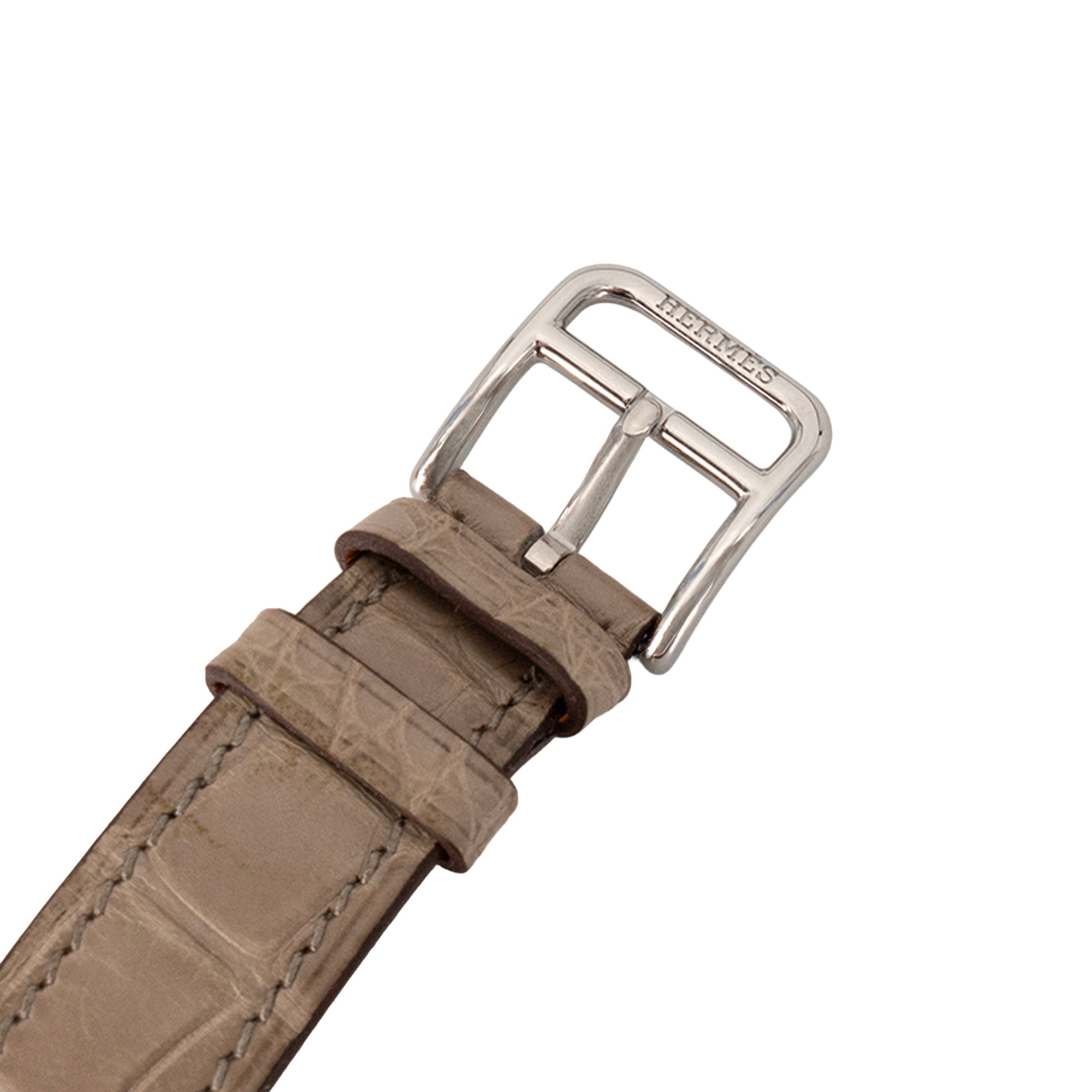 HERMÈS - Montre Heure H PM Hermès en cuir d'alligator taupe et métal argenté