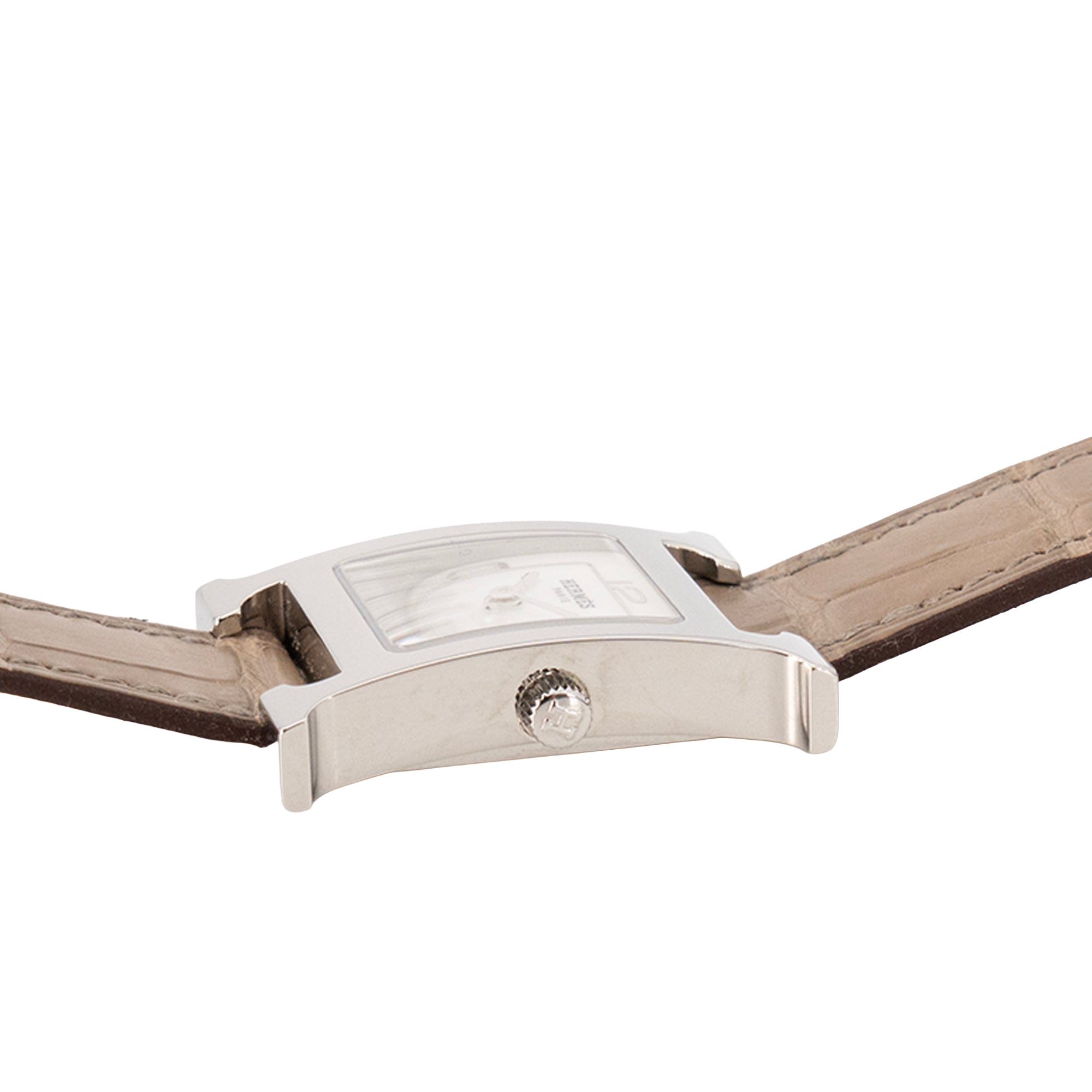 HERMÈS - Montre Heure H PM Hermès en cuir d'alligator taupe et métal argenté