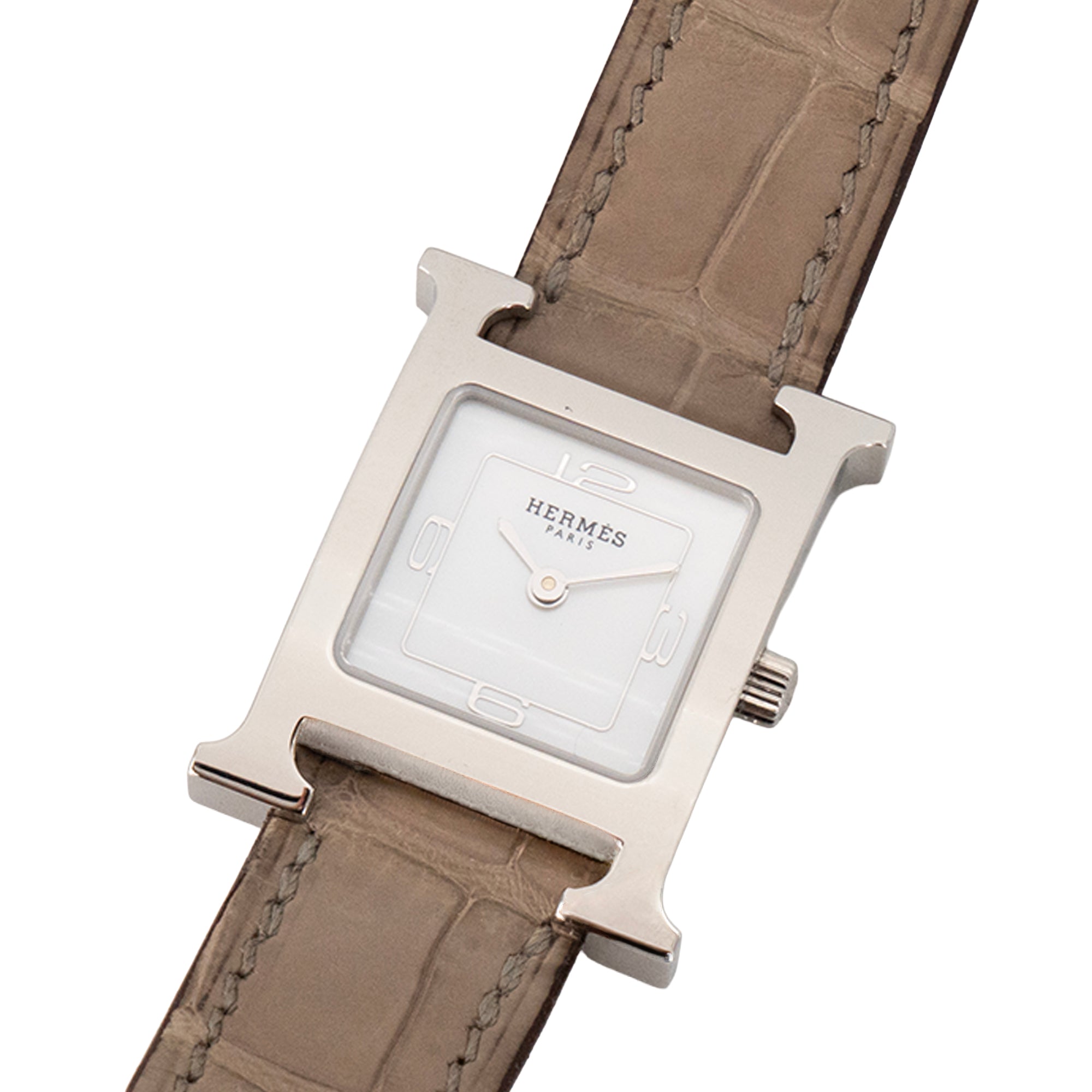 HERMÈS - Montre Heure H PM Hermès en cuir d'alligator taupe et métal argenté