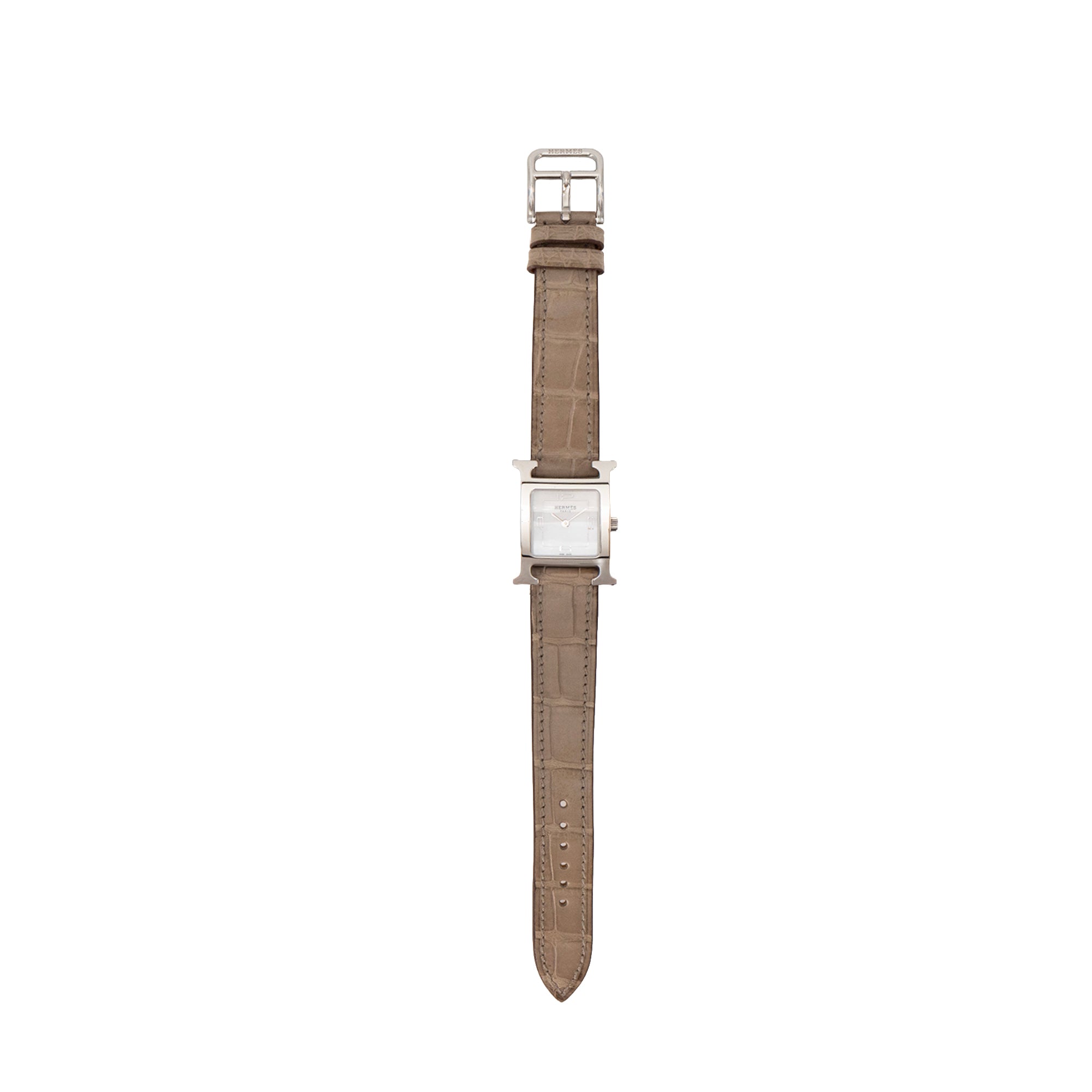 HERMÈS - Montre Heure H PM Hermès en cuir d'alligator taupe et métal argenté