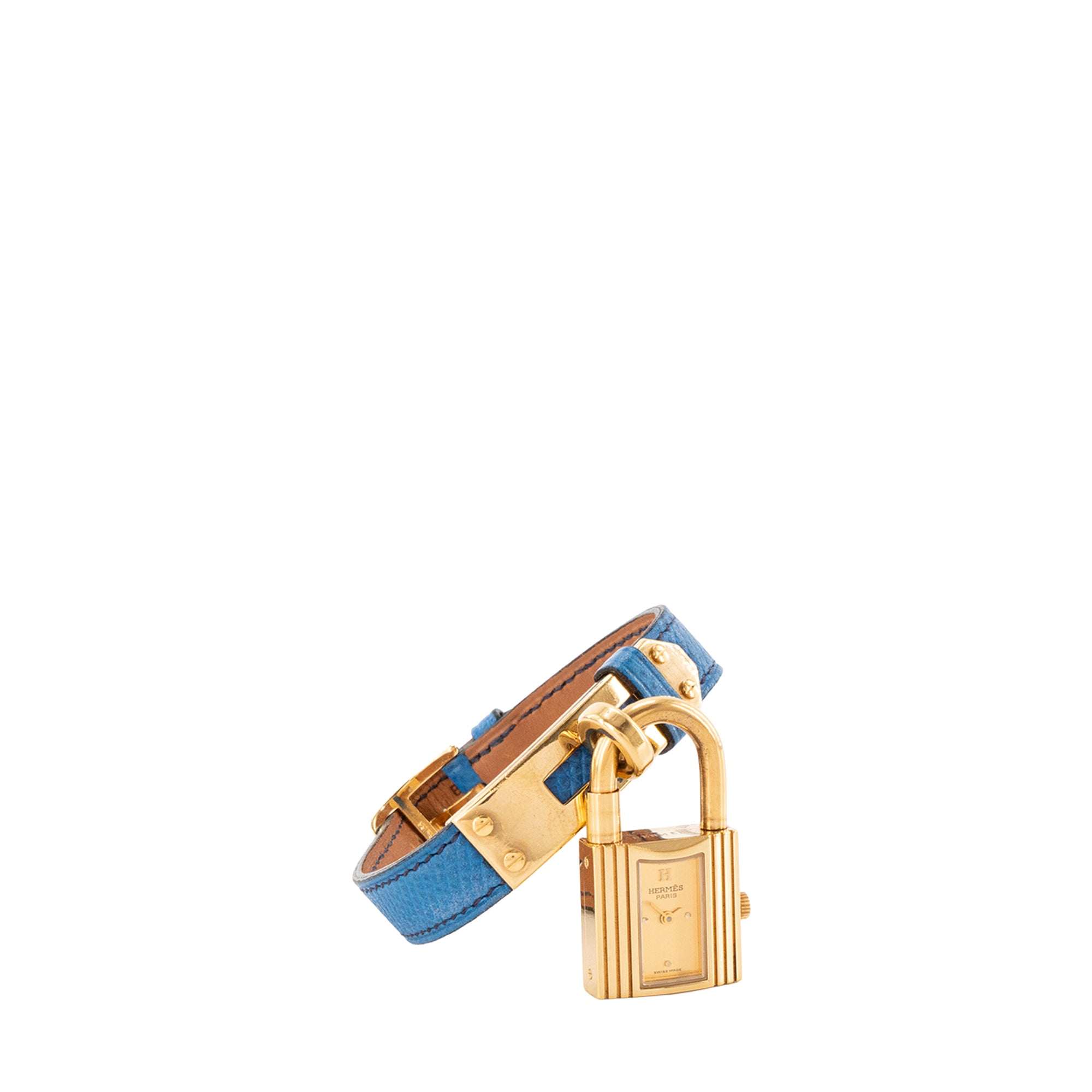 HERMÈS - Montre Kelly Hermès en cuir grainé bleu et métal doré