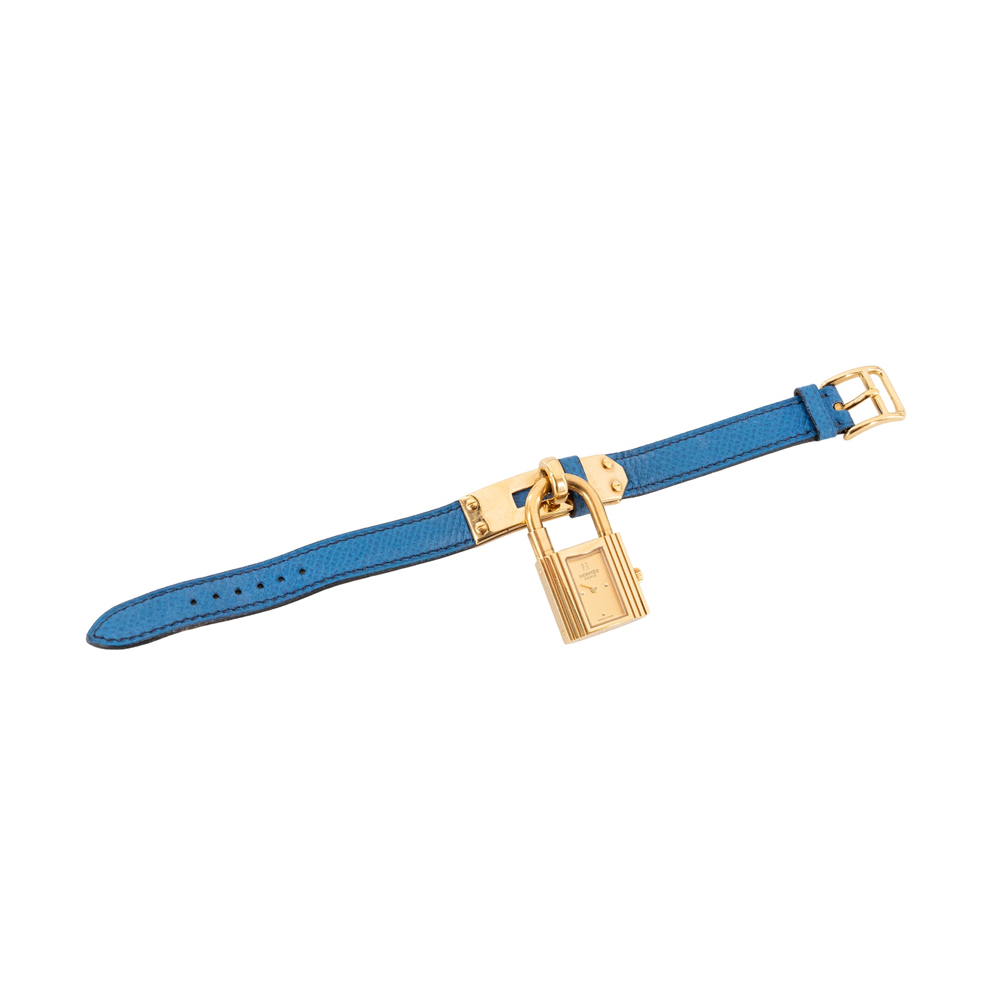 HERMÈS - Montre Kelly Hermès en cuir grainé bleu et métal doré