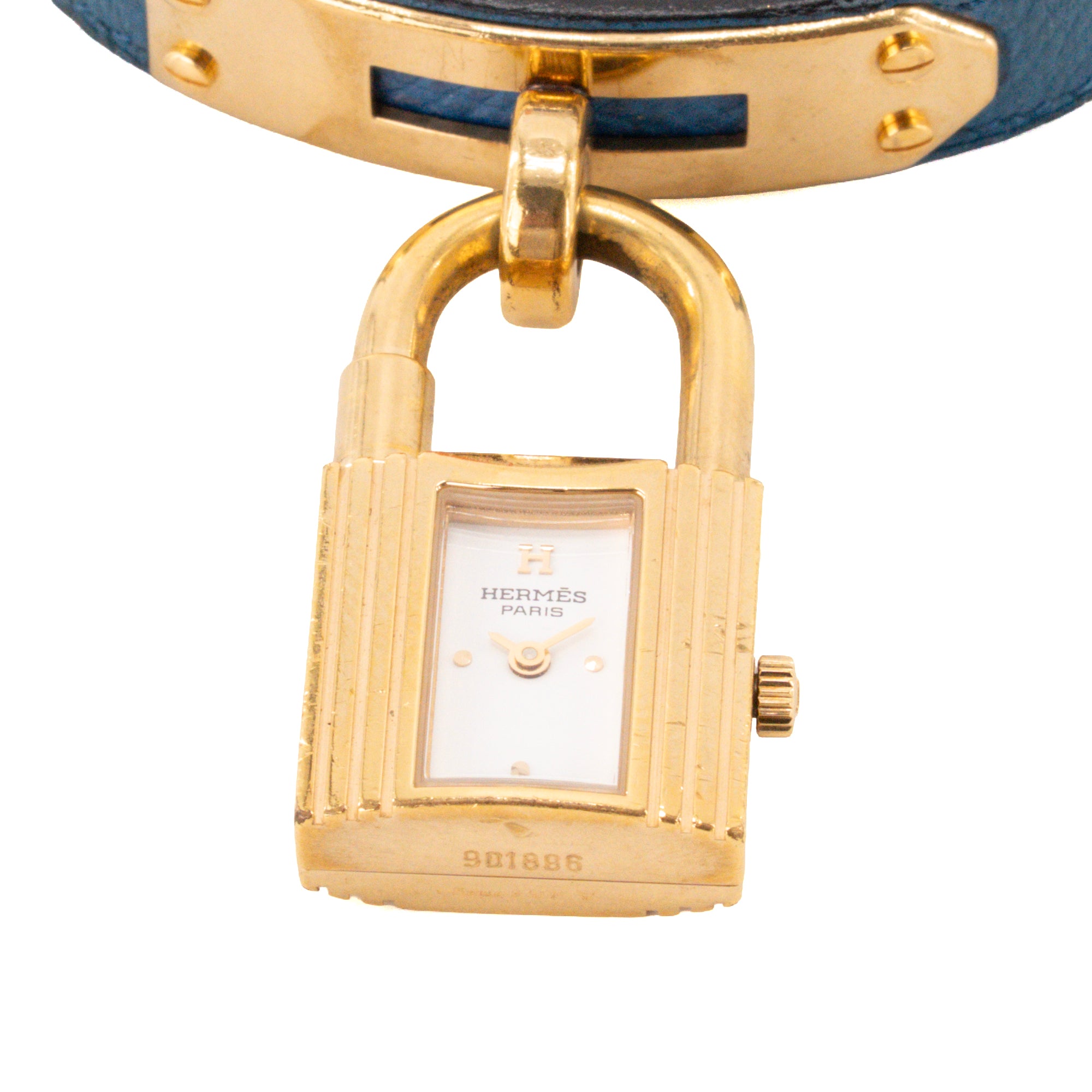 HERMÈS - Montre Kelly Hermès en plaqué or et cuir grainé bleu